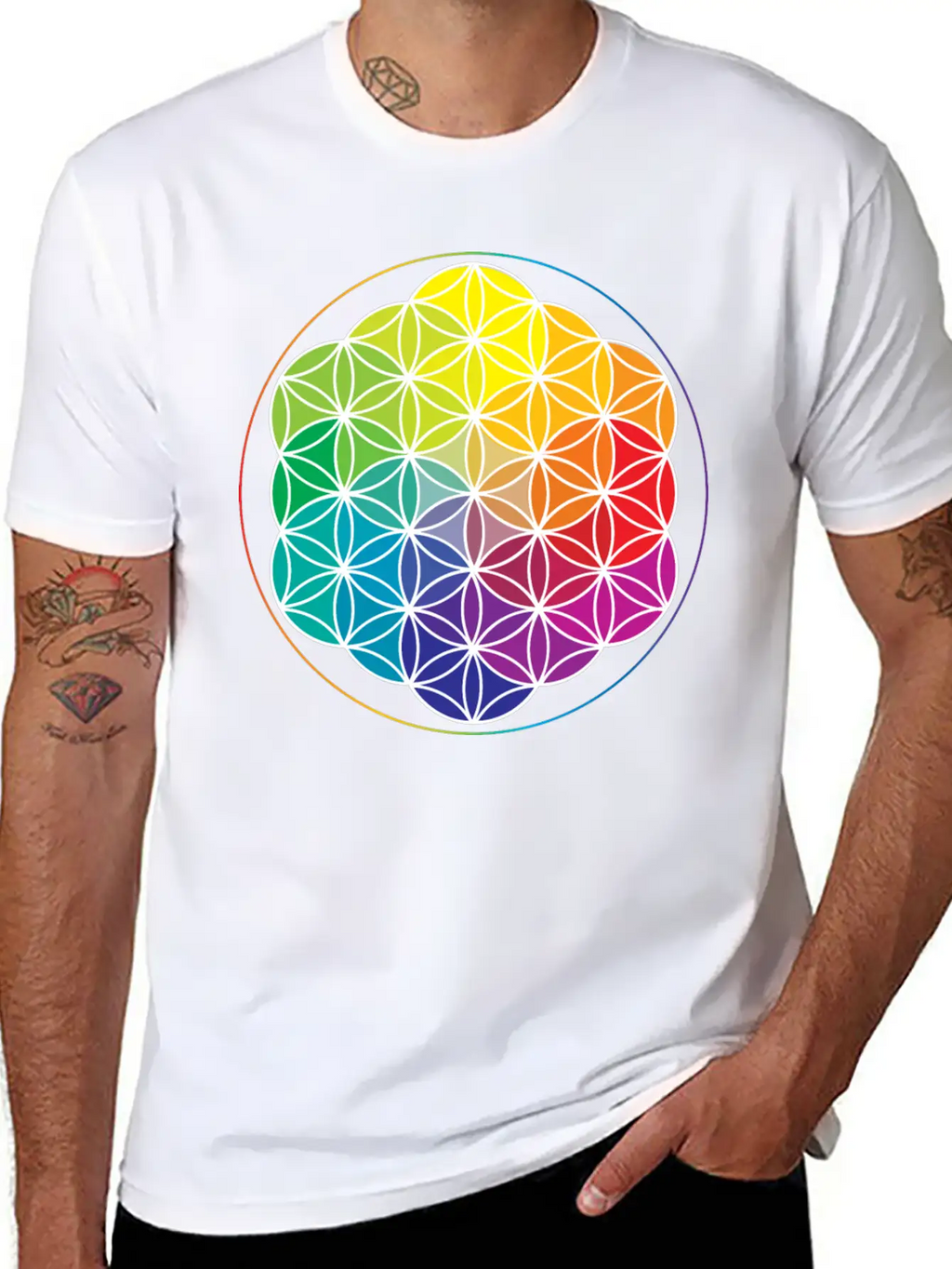 Rainbow Flower Of Life: Cosmic Energy Wheel Breathable Soft Cotton T-Shirt – Timeless Casual Look