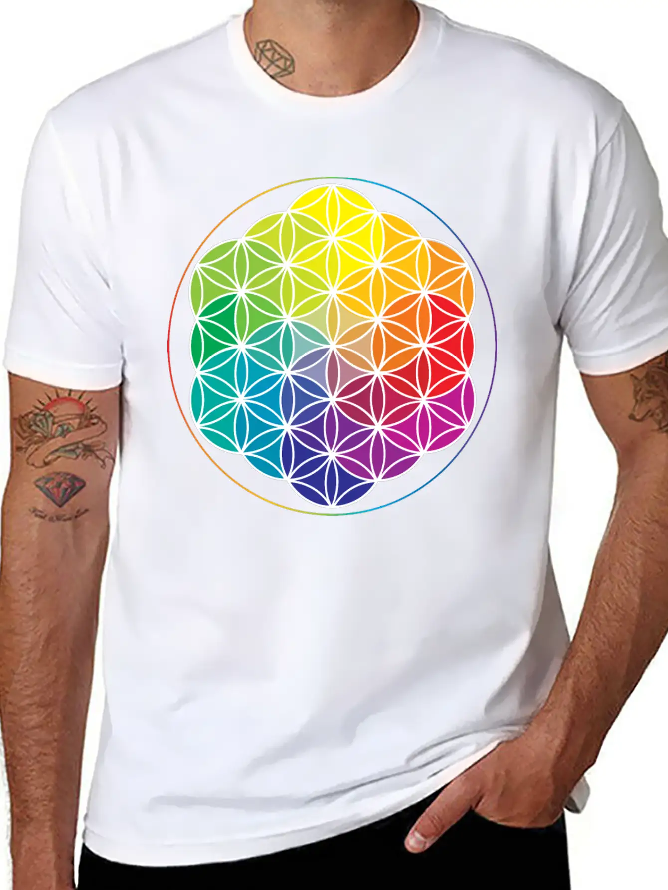Rainbow Flower Of Life: Cosmic Energy Wheel Breathable Soft Cotton T-Shirt – Timeless Casual Look
