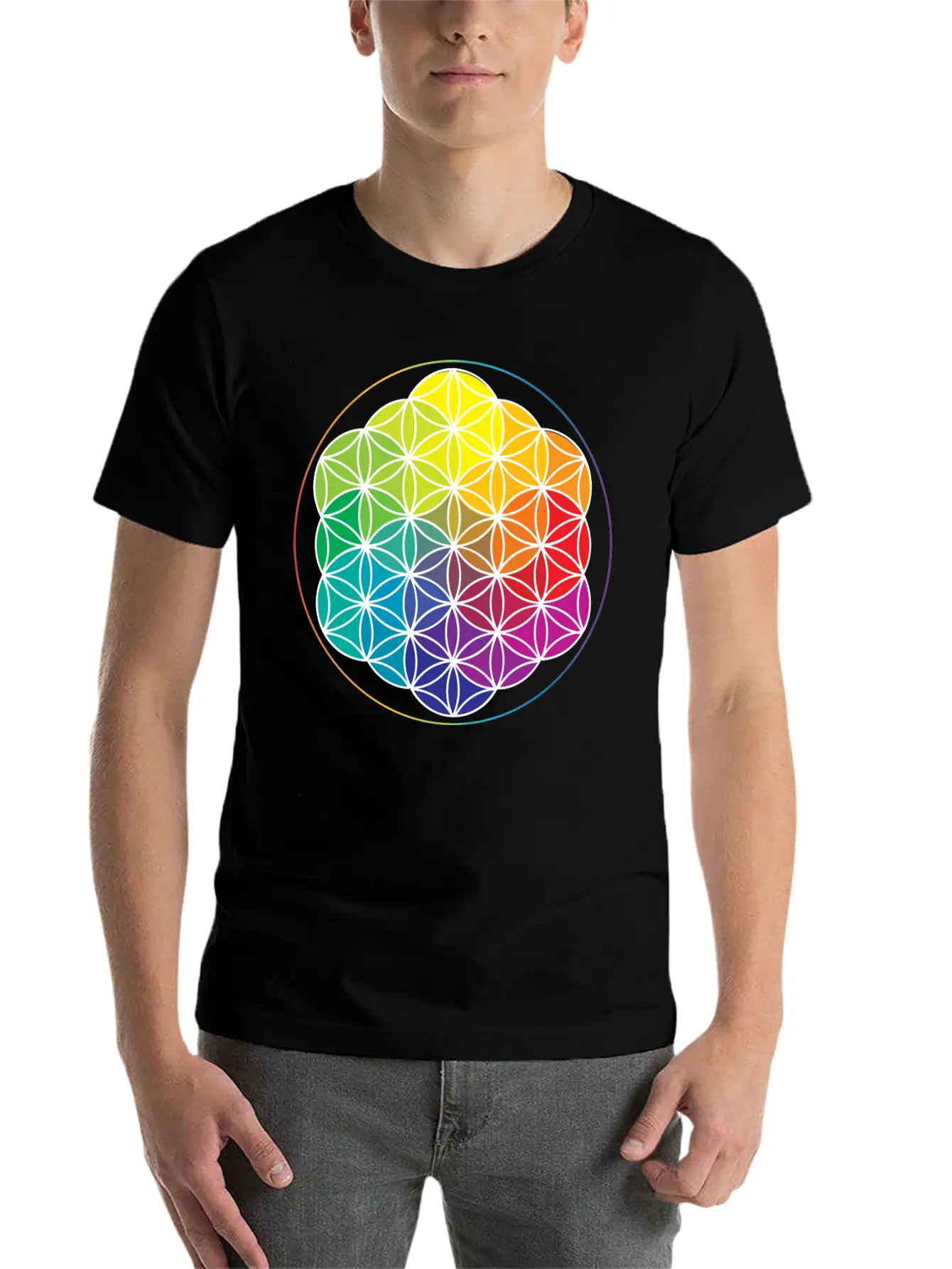 Rainbow Flower Of Life: Cosmic Energy Wheel Breathable Soft Cotton T-Shirt – Timeless Casual Look
