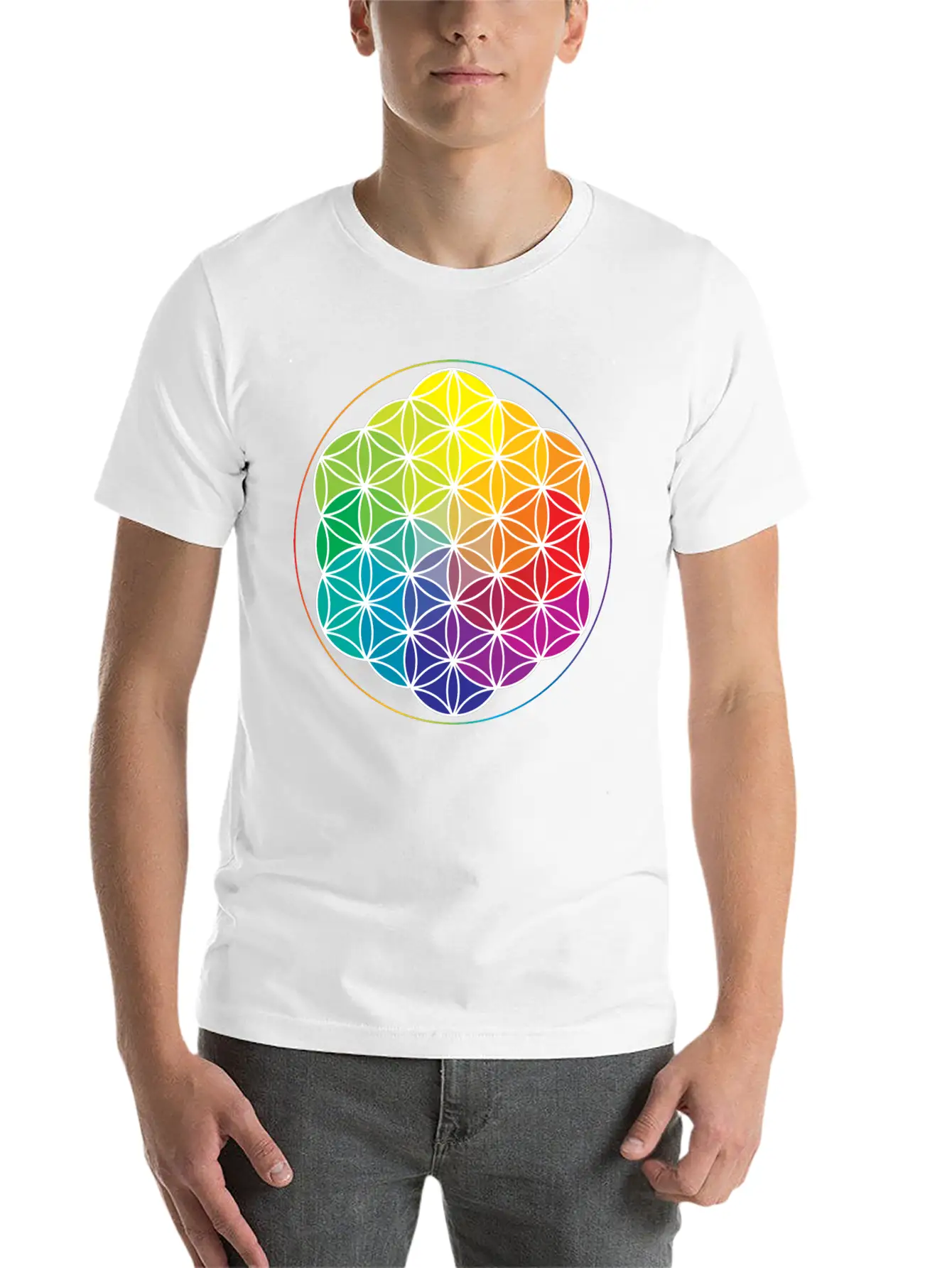 Rainbow Flower Of Life: Cosmic Energy Wheel Breathable Soft Cotton T-Shirt – Timeless Casual Look