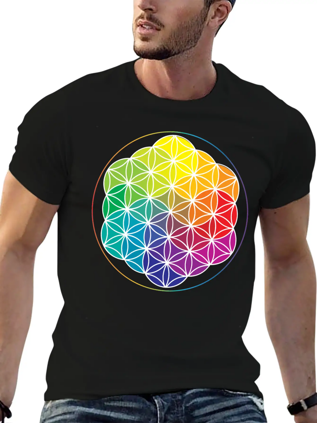 Rainbow Flower Of Life: Cosmic Energy Wheel Breathable Soft Cotton T-Shirt – Timeless Casual Look