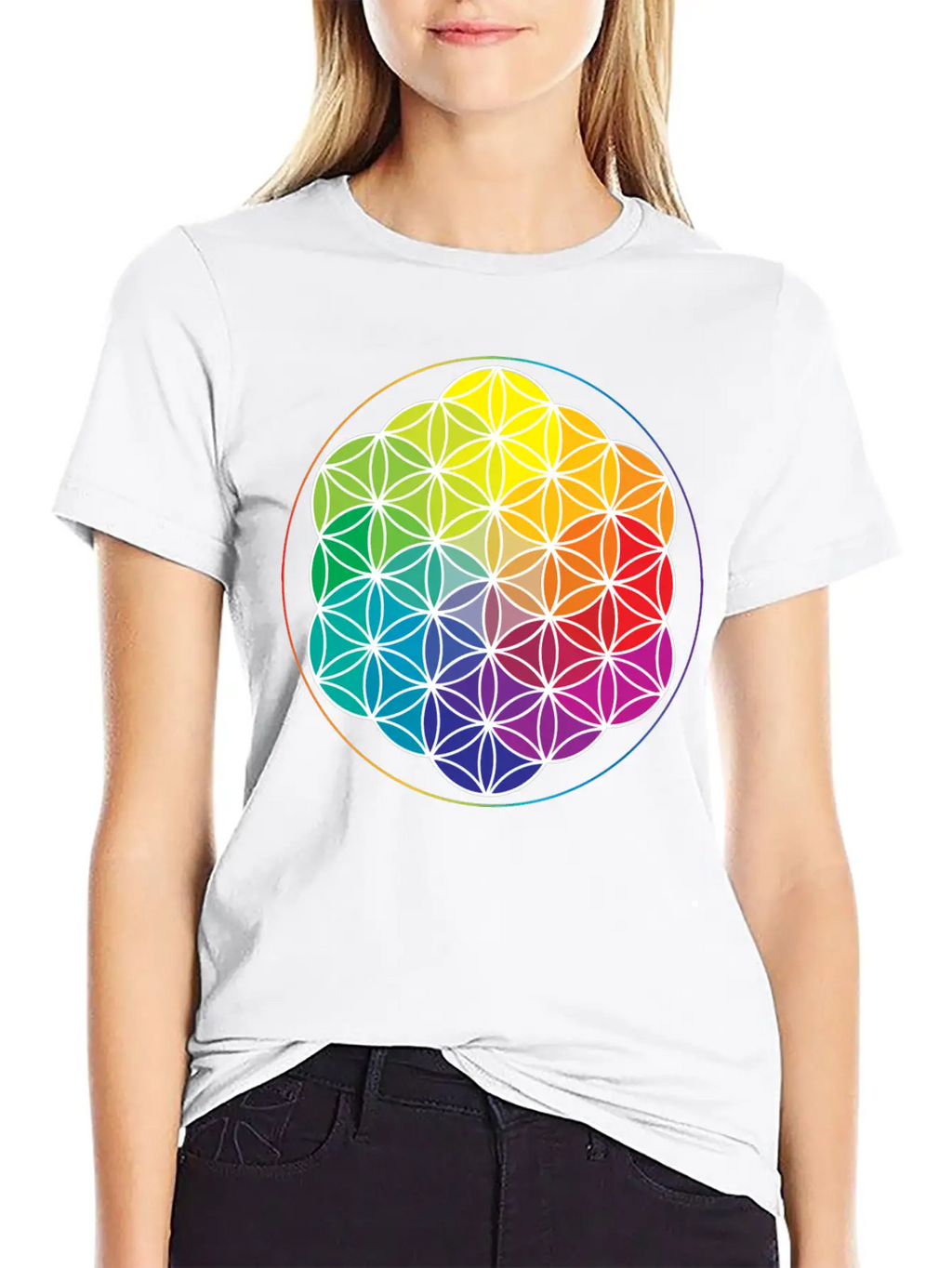 Rainbow Flower Of Life: Cosmic Energy Wheel Breathable Soft Cotton T-Shirt – Timeless Casual Look