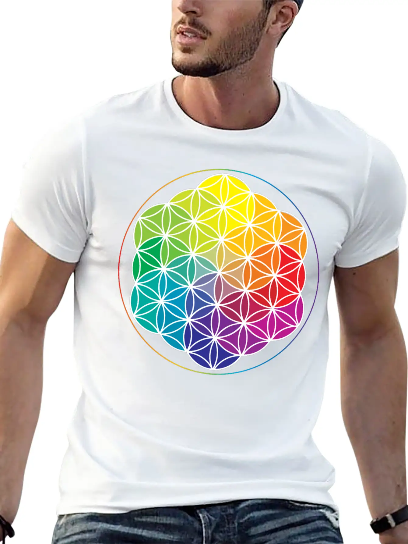 Rainbow Flower Of Life: Cosmic Energy Wheel Breathable Soft Cotton T-Shirt – Timeless Casual Look
