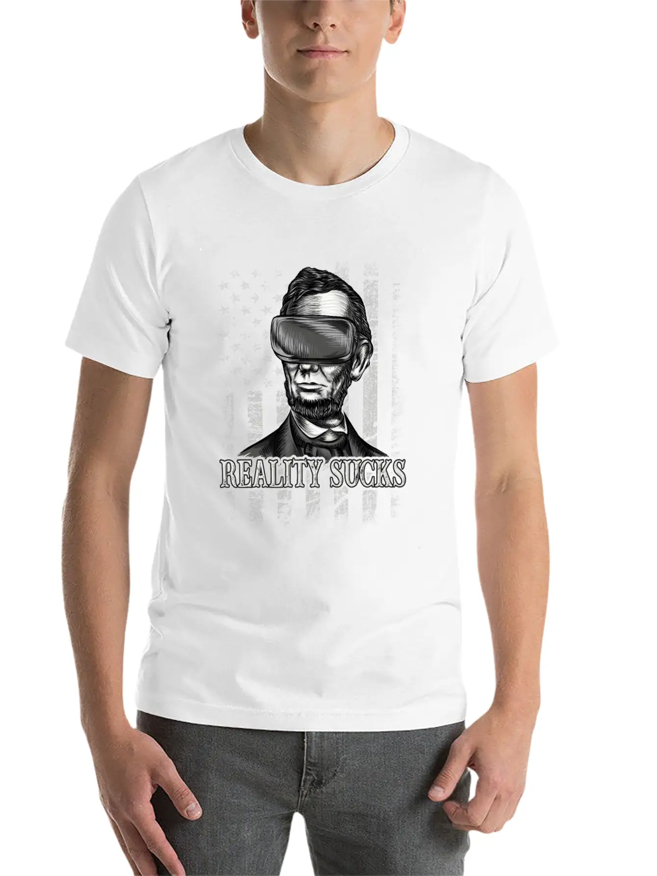 Reality Sucks, Abraham Lincoln VR Virtual Reality Relaxed Everyday Tee – Lightweight And Durable Cotton
