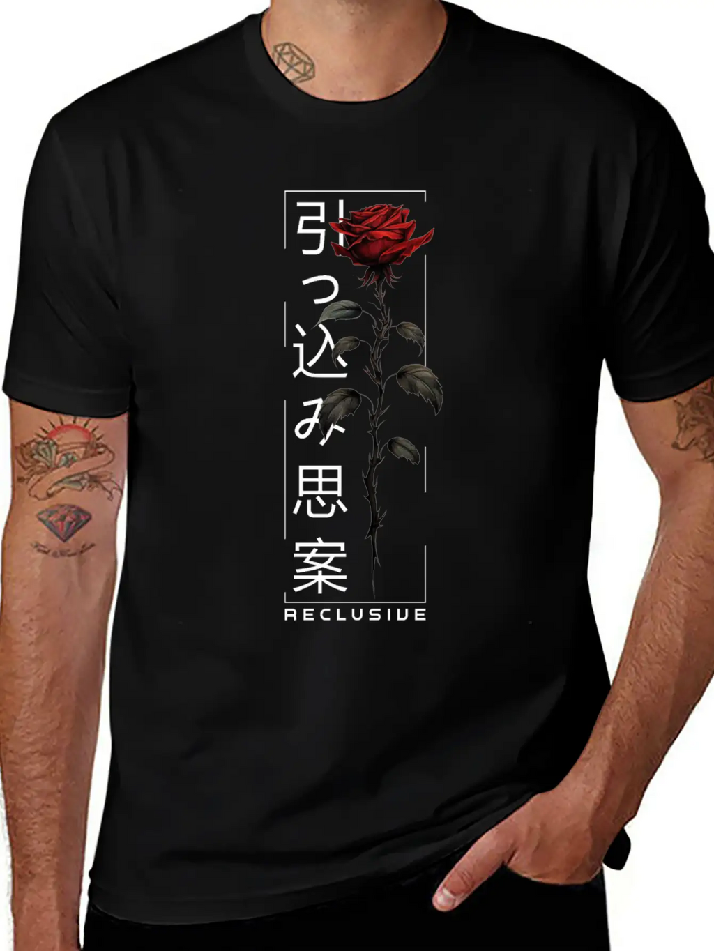 Reclusive Rose Japanese Script Edgy Aesthetic Basic Graphic T-Shirt – Daily Comfort In Soft Cotton