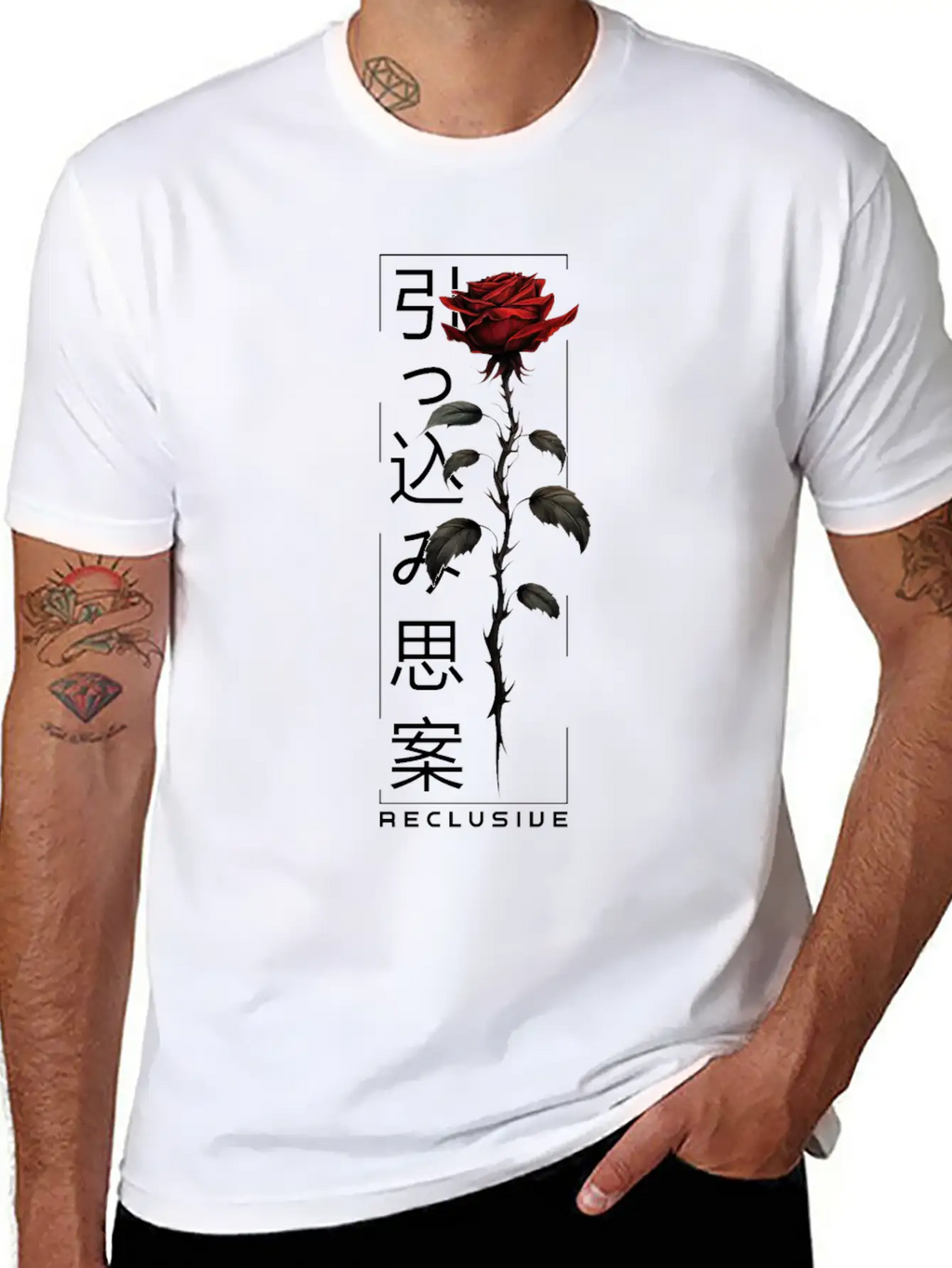 Reclusive Rose Japanese Script Edgy Aesthetic Basic Graphic T-Shirt – Daily Comfort In Soft Cotton