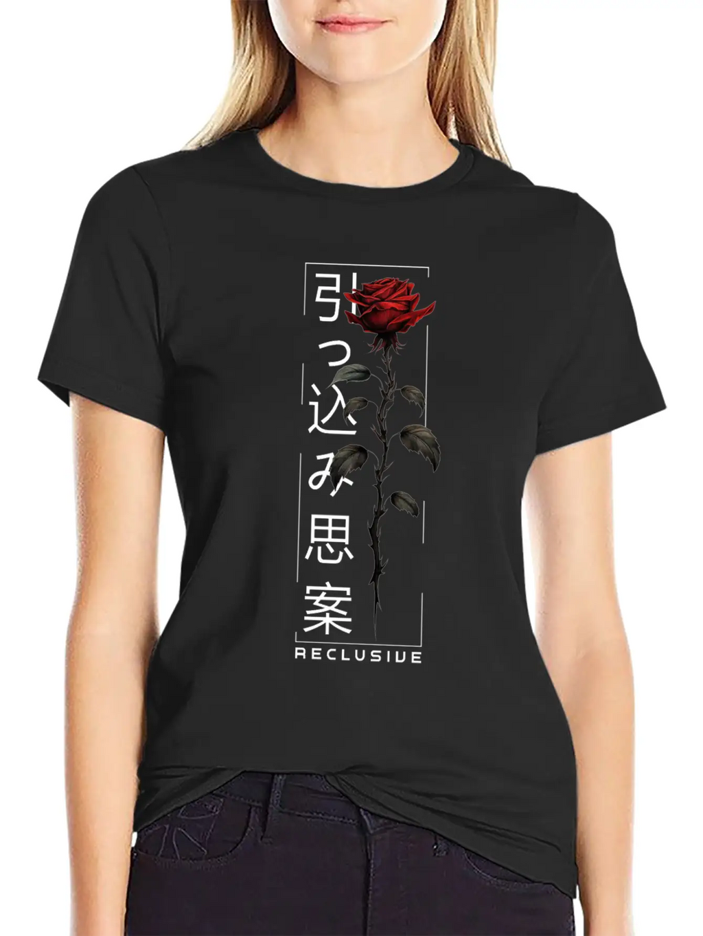 Reclusive Rose Japanese Script Edgy Aesthetic Basic Graphic T-Shirt – Daily Comfort In Soft Cotton