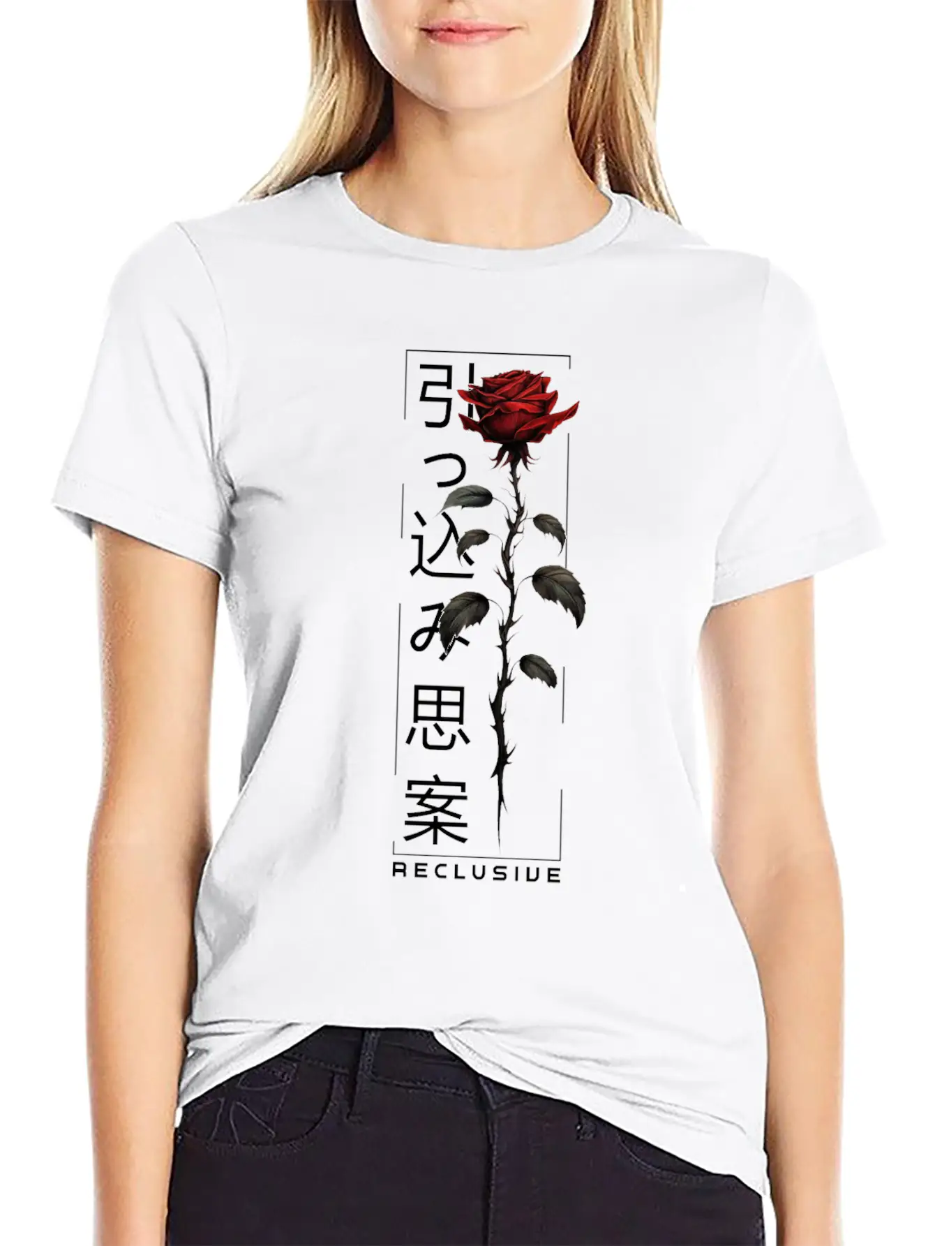 Reclusive Rose Japanese Script Edgy Aesthetic Basic Graphic T-Shirt – Daily Comfort In Soft Cotton