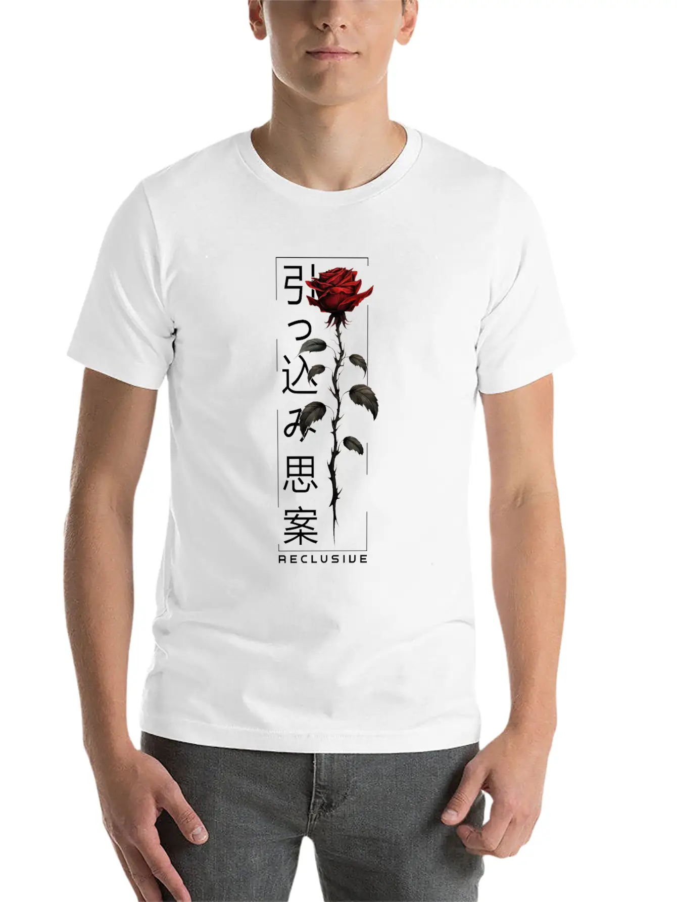 Reclusive Rose Japanese Script Edgy Aesthetic Basic Graphic T-Shirt – Daily Comfort In Soft Cotton