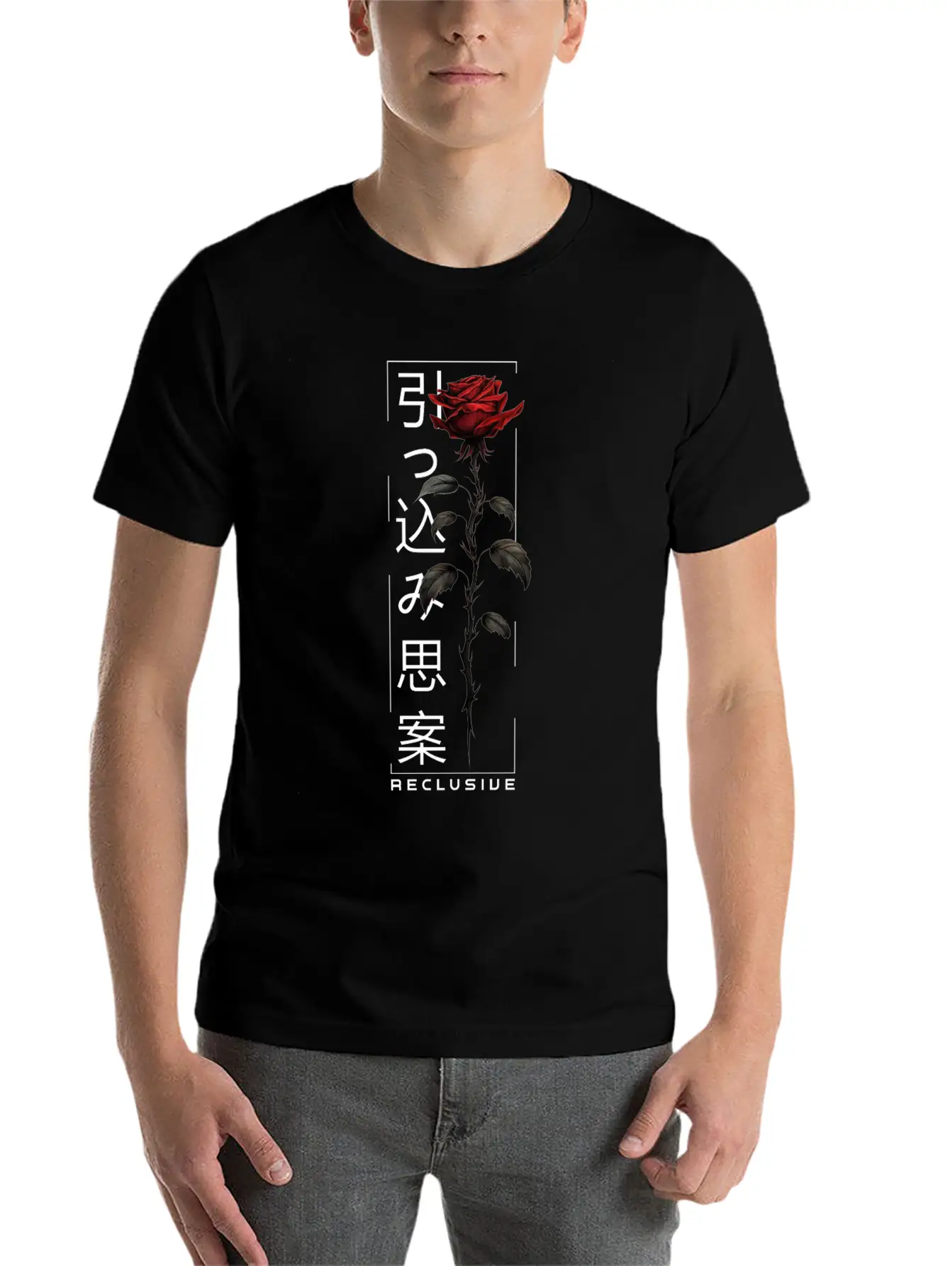 Reclusive Rose Japanese Script Edgy Aesthetic Basic Graphic T-Shirt – Daily Comfort In Soft Cotton