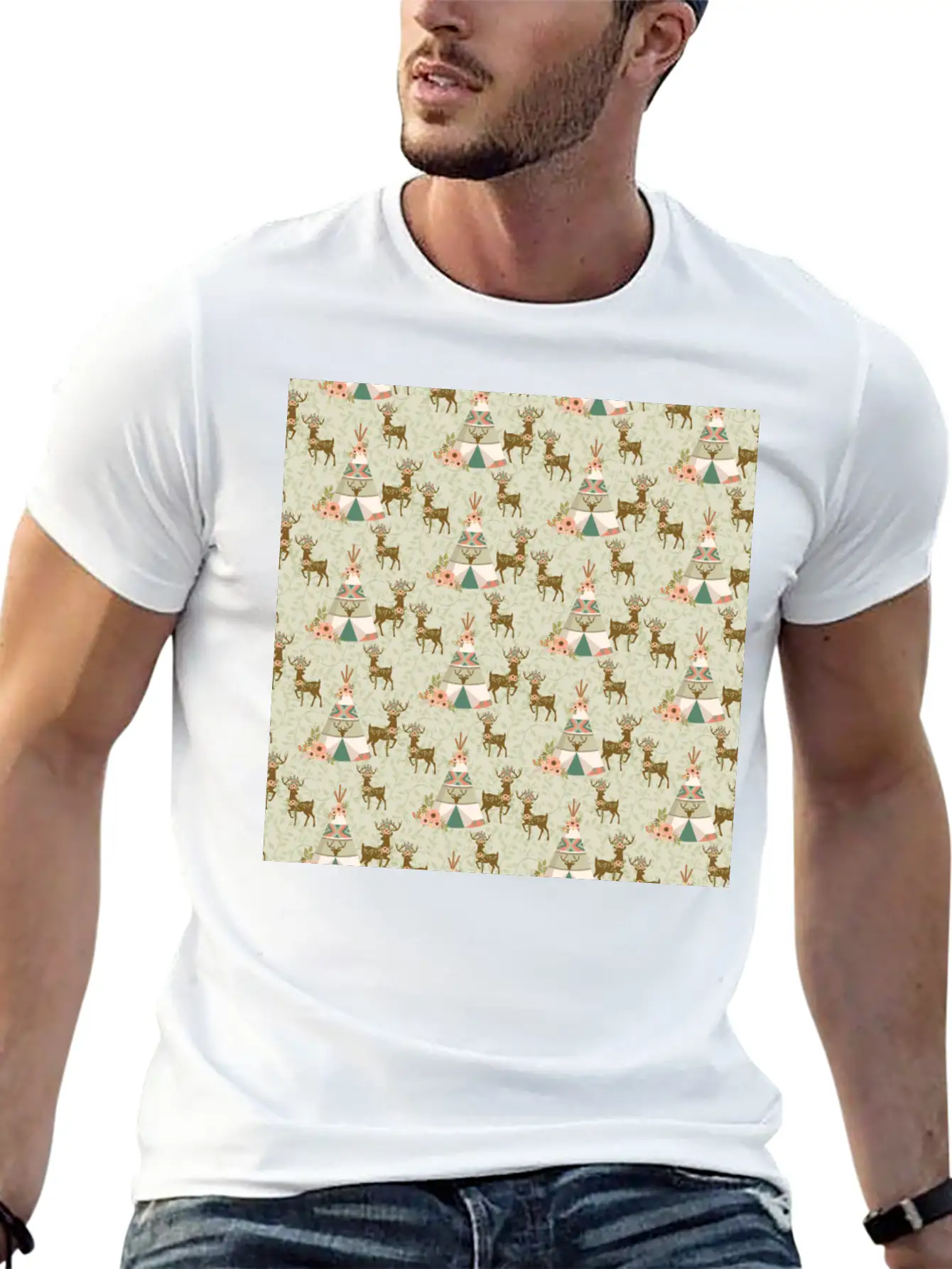 Reindeer Antlers Pink Flowers Natural Leaves Breathable Soft Cotton T-Shirt – Timeless Casual Look