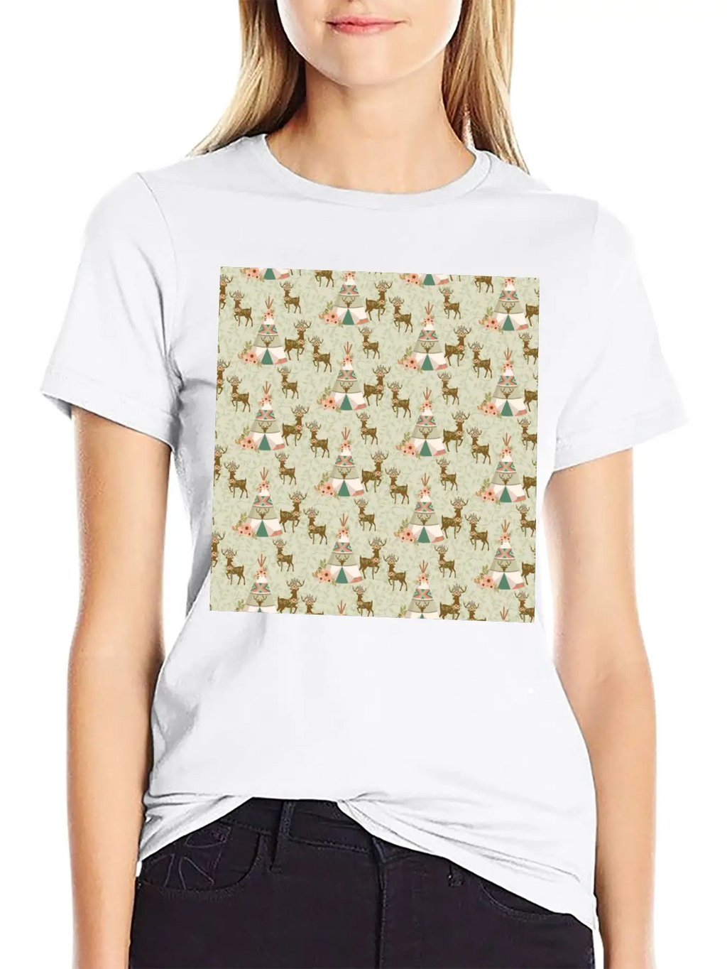 Reindeer Antlers Pink Flowers Natural Leaves Breathable Soft Cotton T-Shirt – Timeless Casual Look