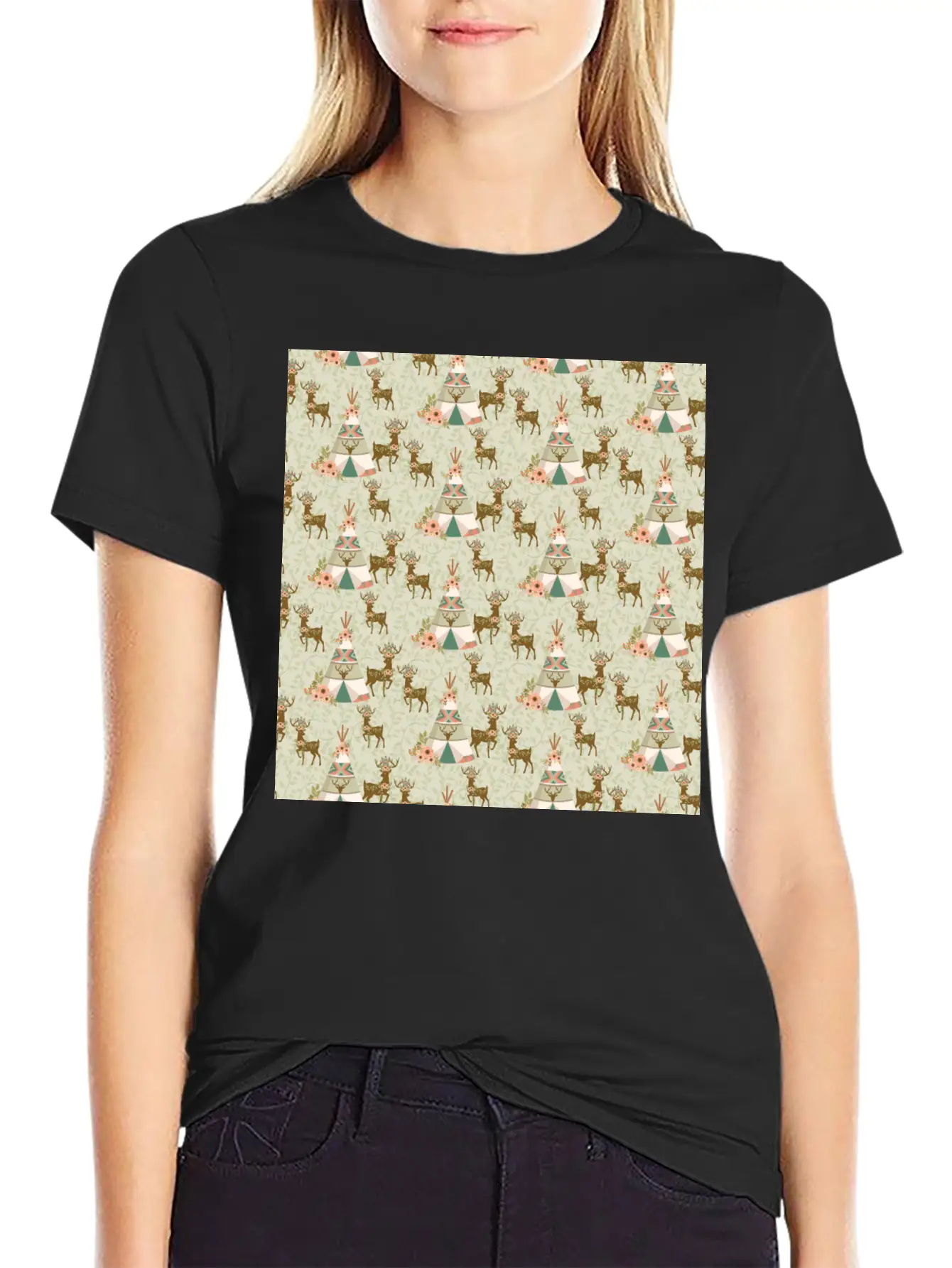 Reindeer Antlers Pink Flowers Natural Leaves Breathable Soft Cotton T-Shirt – Timeless Casual Look