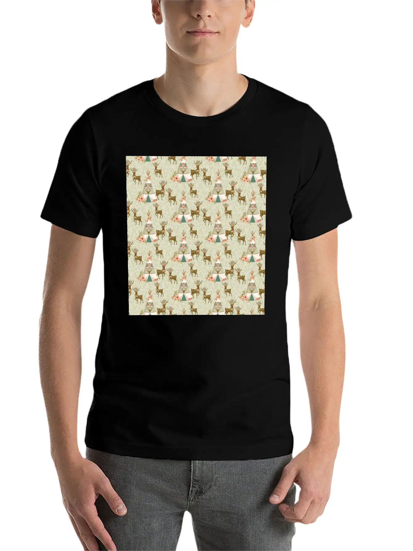 Reindeer Antlers Pink Flowers Natural Leaves Breathable Soft Cotton T-Shirt – Timeless Casual Look