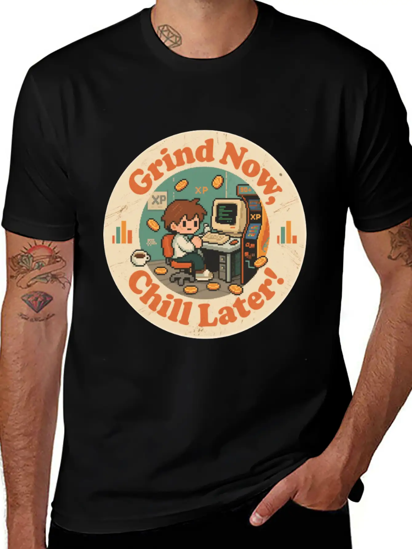 Retro Gaming Desk Character Artwork Work Breathable Graphic T-Shirt – Perfect For Casual Days