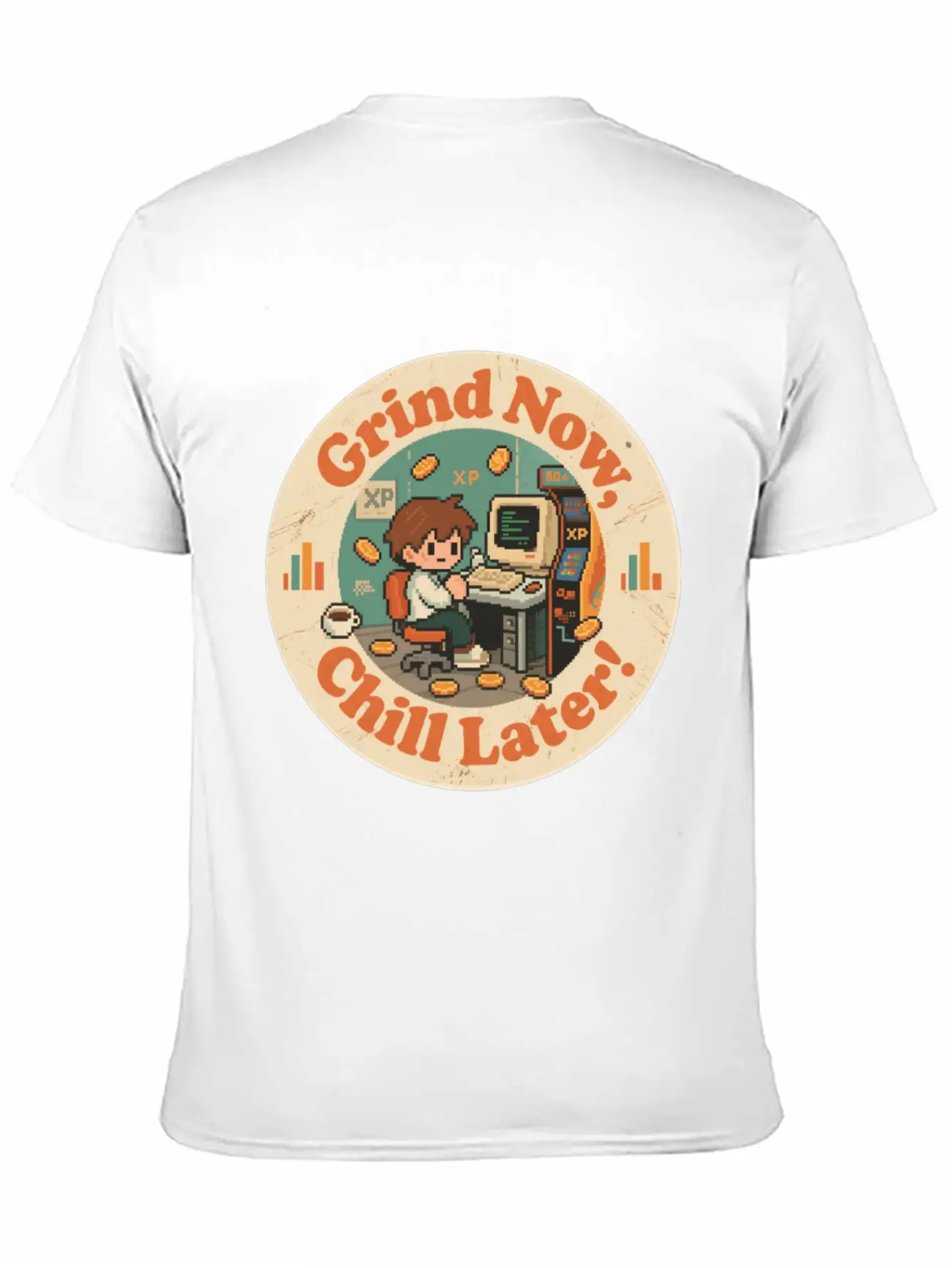 Retro Gaming Desk Character Artwork Work Breathable Graphic T-Shirt – Perfect For Casual Days