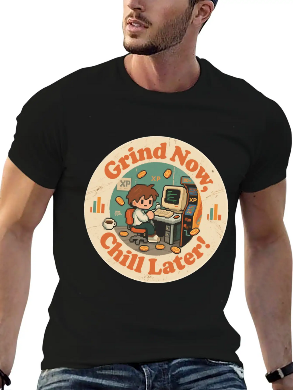 Retro Gaming Desk Character Artwork Work Breathable Graphic T-Shirt – Perfect For Casual Days