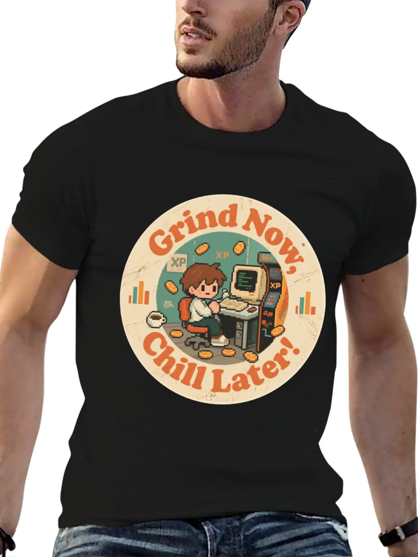 Retro Gaming Desk Character Artwork Work Breathable Graphic T-Shirt – Perfect For Casual Days