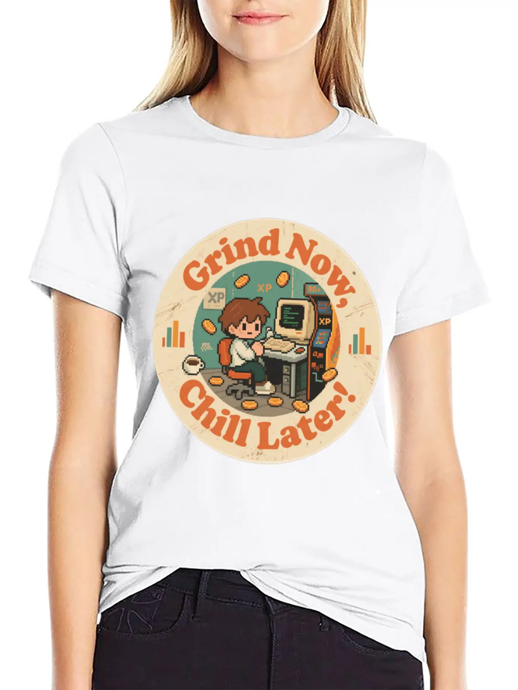 Retro Gaming Desk Character Artwork Work Breathable Graphic T-Shirt – Perfect For Casual Days