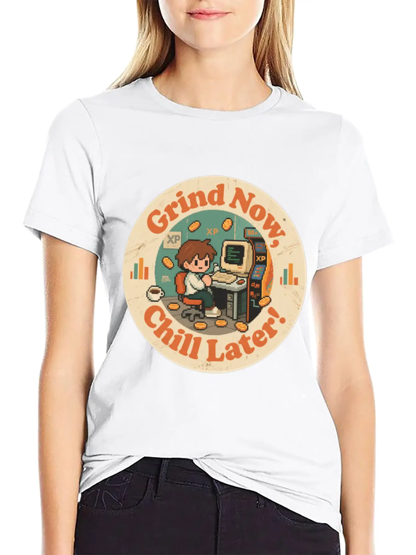 Retro Gaming Desk Character Artwork Work Breathable Graphic T-Shirt – Perfect For Casual Days