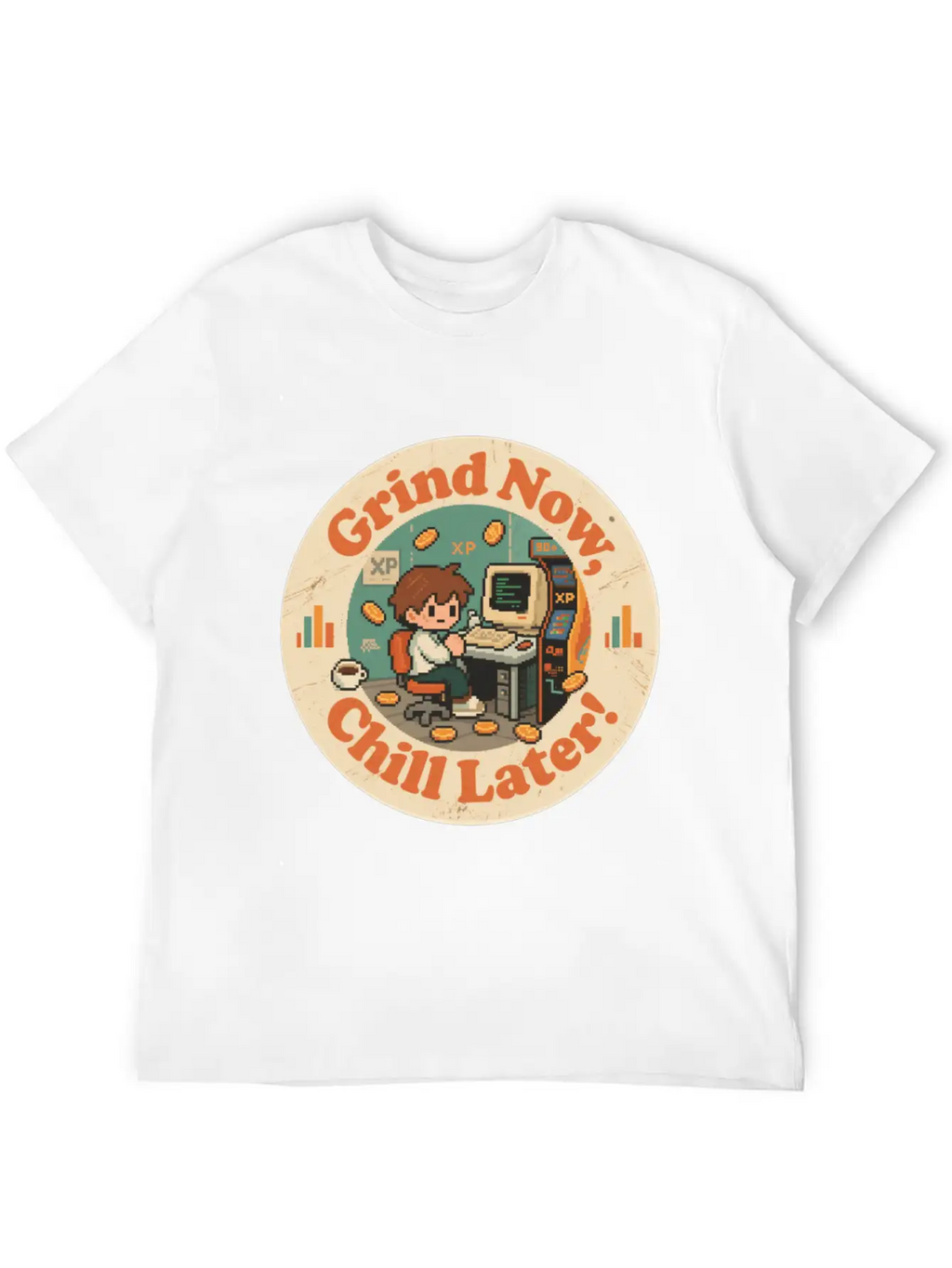 Retro Gaming Desk Character Artwork Work Breathable Graphic T-Shirt – Perfect For Casual Days