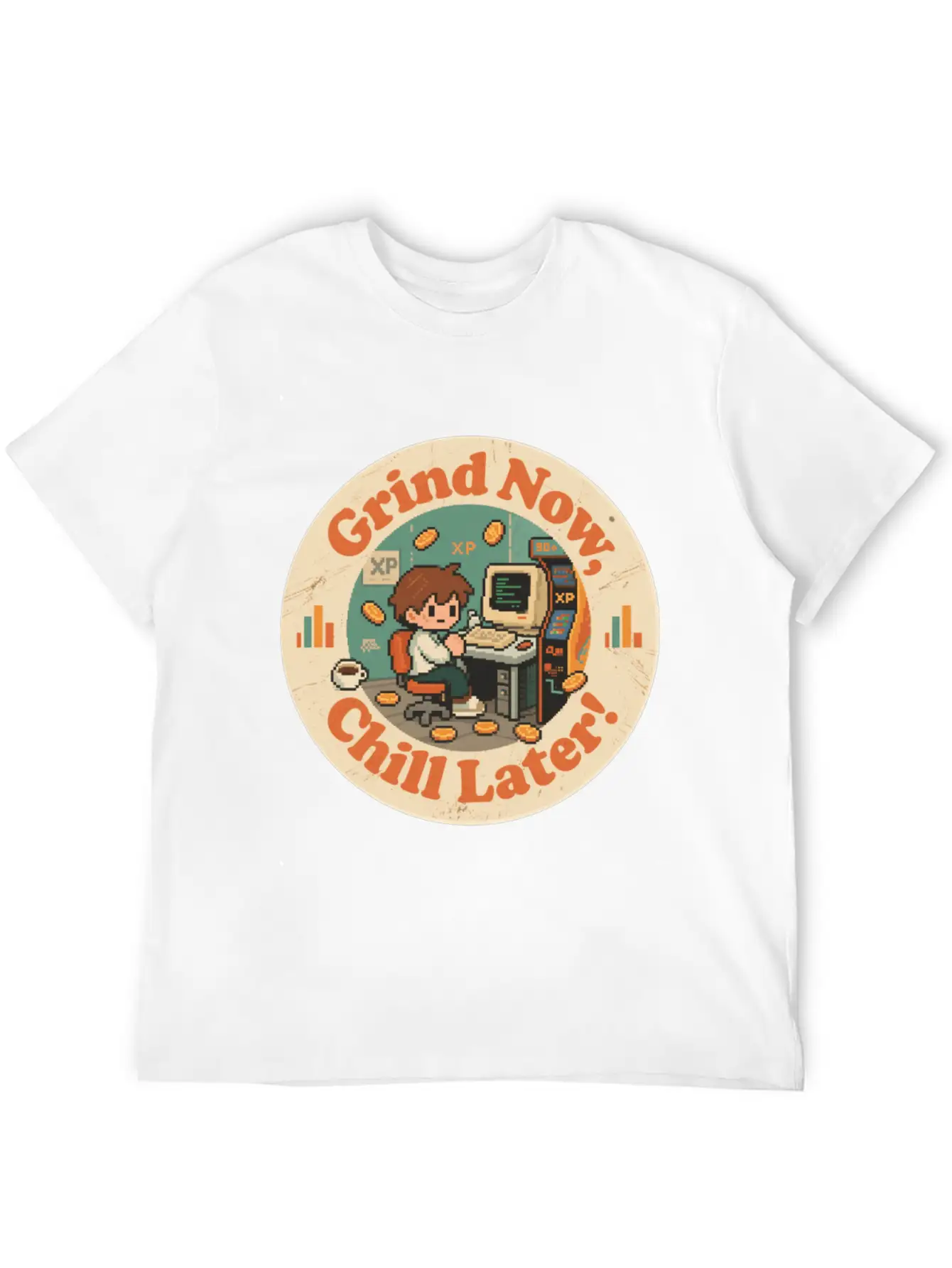 Retro Gaming Desk Character Artwork Work Breathable Graphic T-Shirt – Perfect For Casual Days