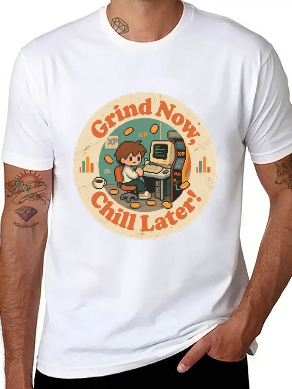 Retro Gaming Desk Character Artwork Work Breathable Graphic T-Shirt – Perfect For Casual Days