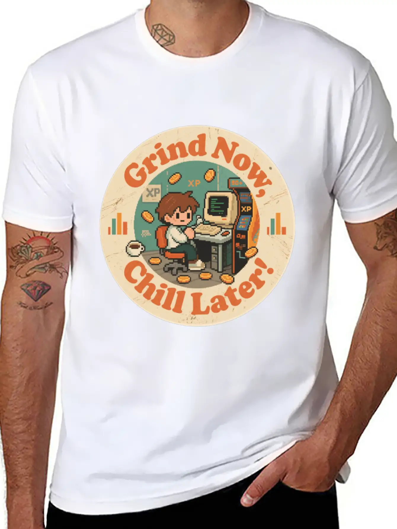 Retro Gaming Desk Character Artwork Work Breathable Graphic T-Shirt – Perfect For Casual Days