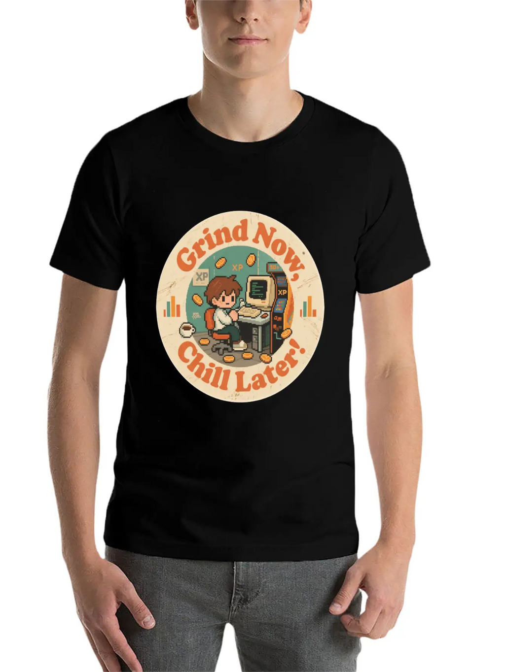 Retro Gaming Desk Character Artwork Work Breathable Graphic T-Shirt – Perfect For Casual Days