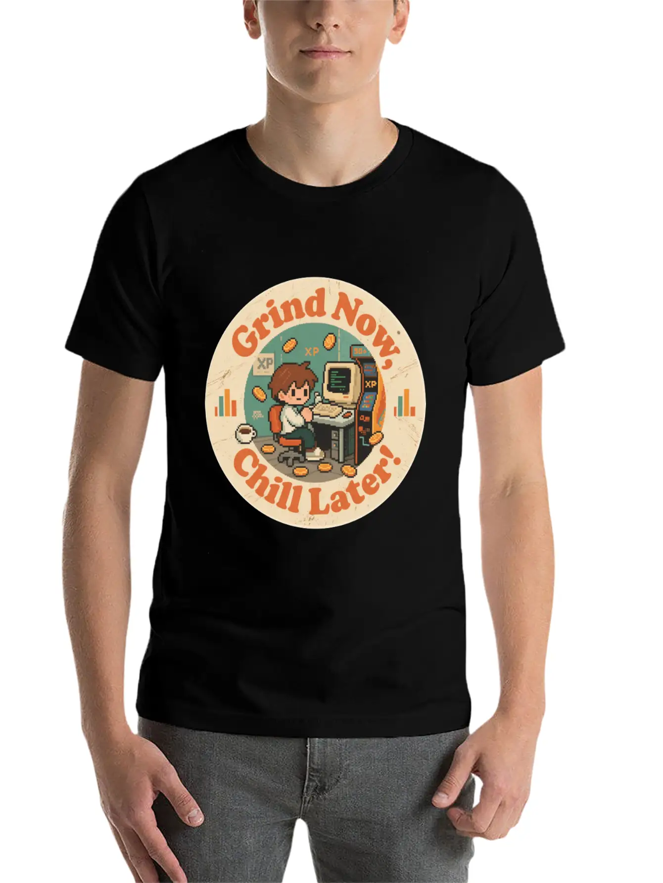 Retro Gaming Desk Character Artwork Work Breathable Graphic T-Shirt – Perfect For Casual Days