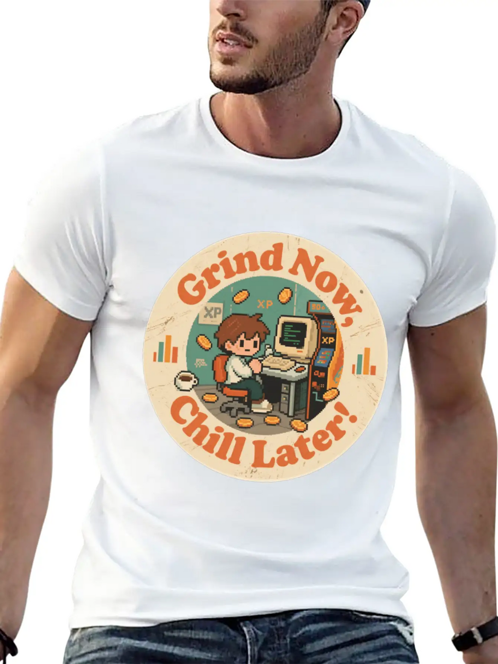 Retro Gaming Desk Character Artwork Work Breathable Graphic T-Shirt – Perfect For Casual Days