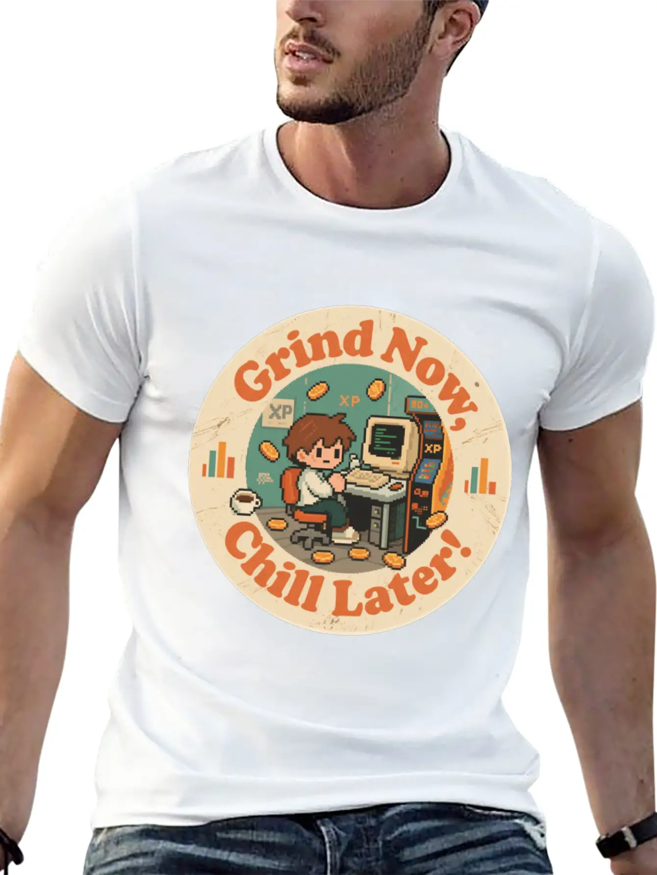 Retro Gaming Desk Character Artwork Work Breathable Graphic T-Shirt – Perfect For Casual Days