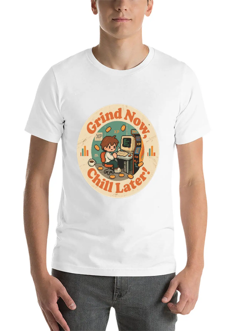 Retro Gaming Desk Character Artwork Work Breathable Graphic T-Shirt – Perfect For Casual Days