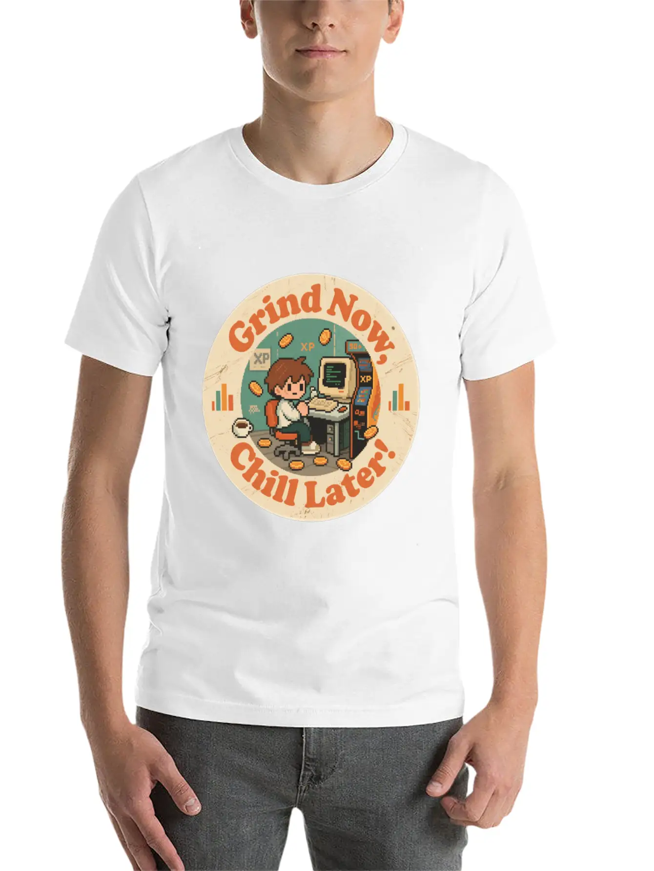 Retro Gaming Desk Character Artwork Work Breathable Graphic T-Shirt – Perfect For Casual Days