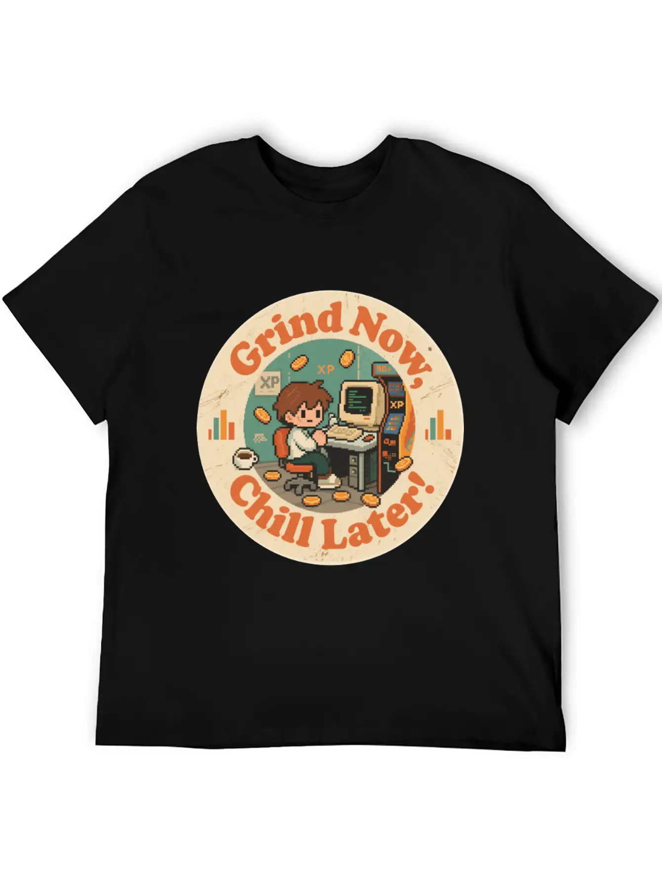Retro Gaming Desk Character Artwork Work Breathable Graphic T-Shirt – Perfect For Casual Days