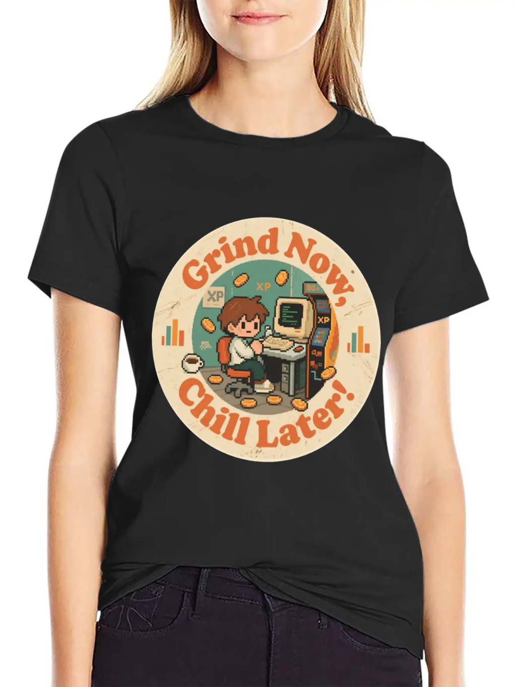 Retro Gaming Desk Character Artwork Work Breathable Graphic T-Shirt – Perfect For Casual Days
