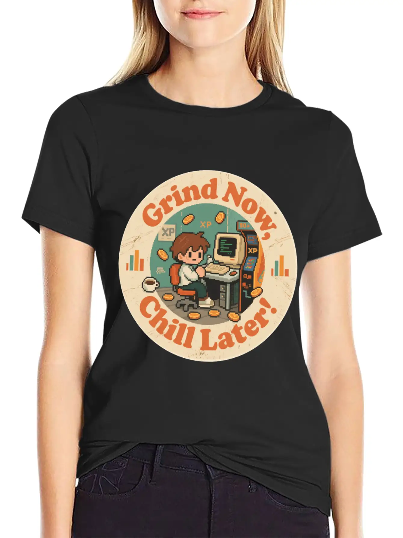Retro Gaming Desk Character Artwork Work Breathable Graphic T-Shirt – Perfect For Casual Days