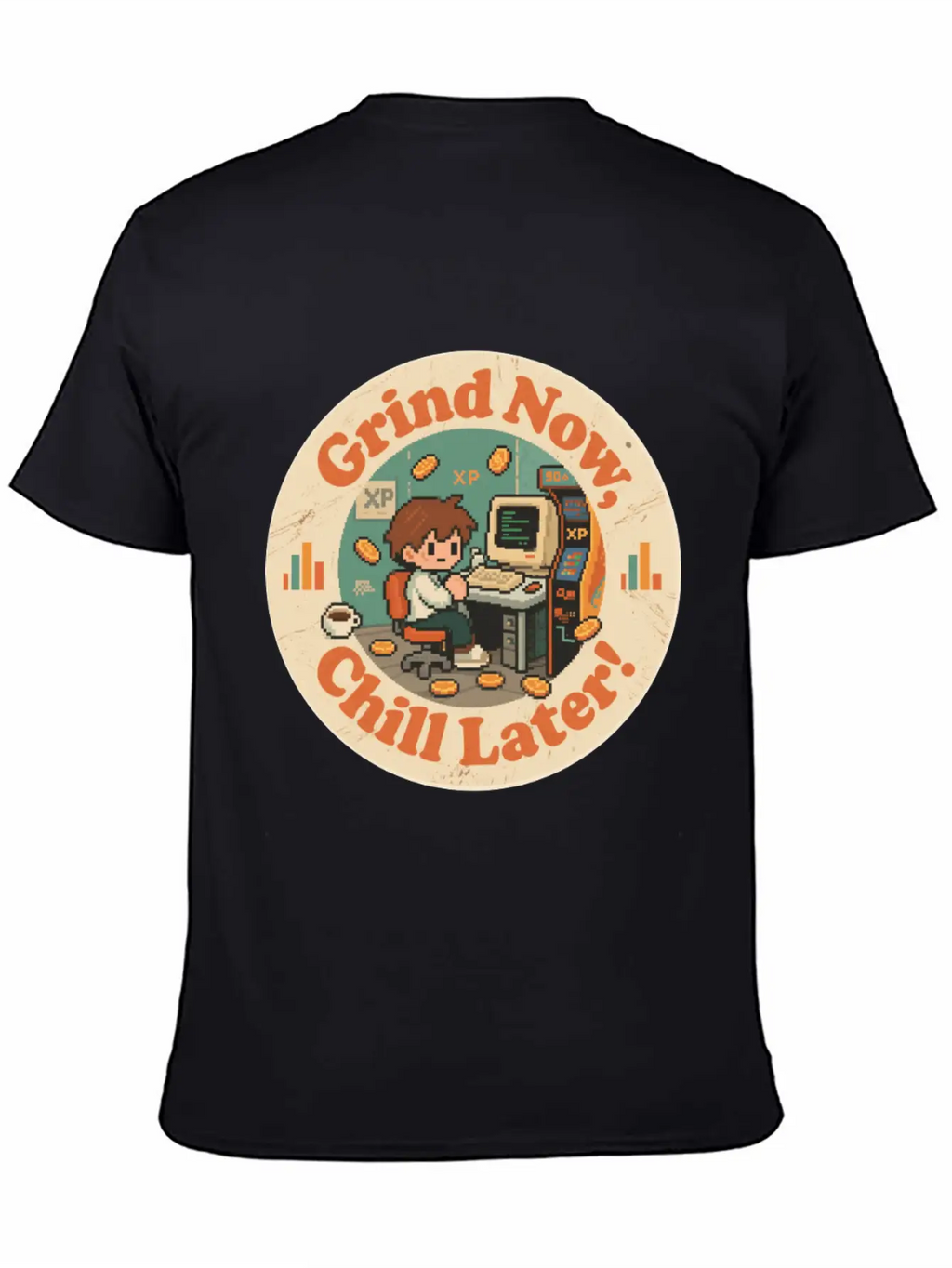 Retro Gaming Desk Character Artwork Work Breathable Graphic T-Shirt – Perfect For Casual Days