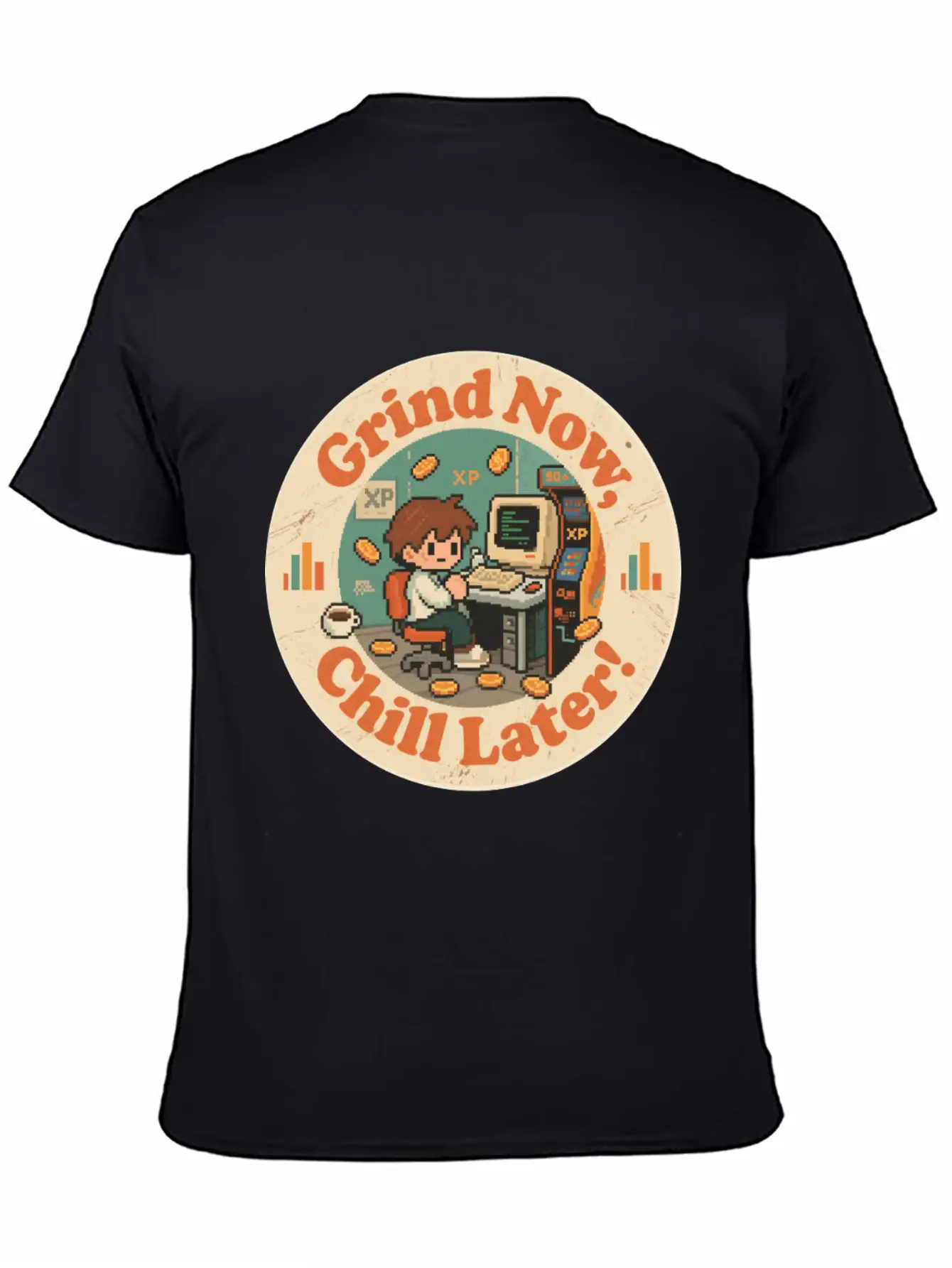 Retro Gaming Desk Character Artwork Work Breathable Graphic T-Shirt – Perfect For Casual Days