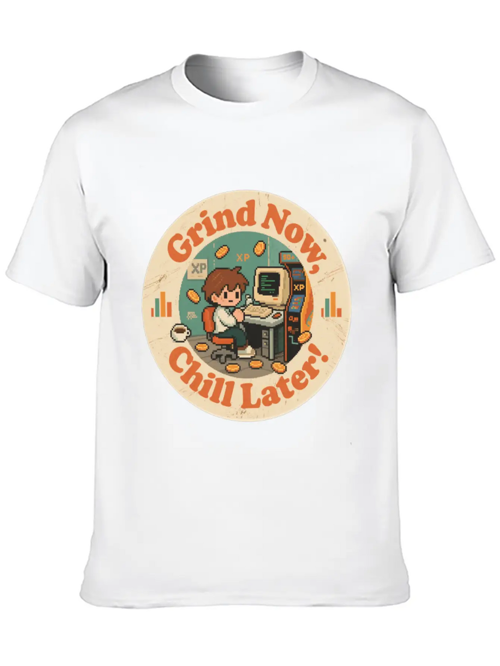 Retro Gaming Desk Character Artwork Work Breathable Graphic T-Shirt – Perfect For Casual Days