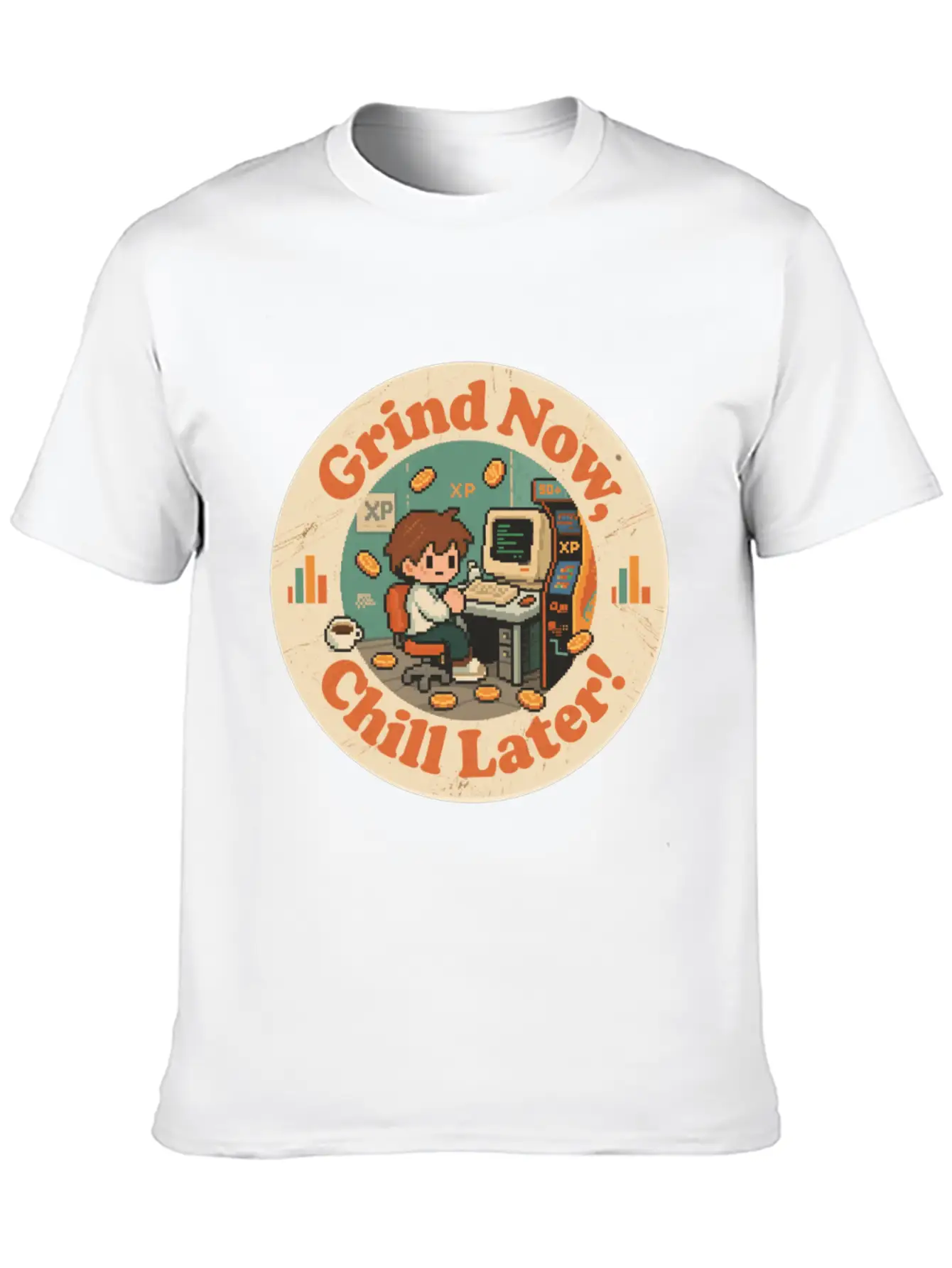 Retro Gaming Desk Character Artwork Work Breathable Graphic T-Shirt – Perfect For Casual Days