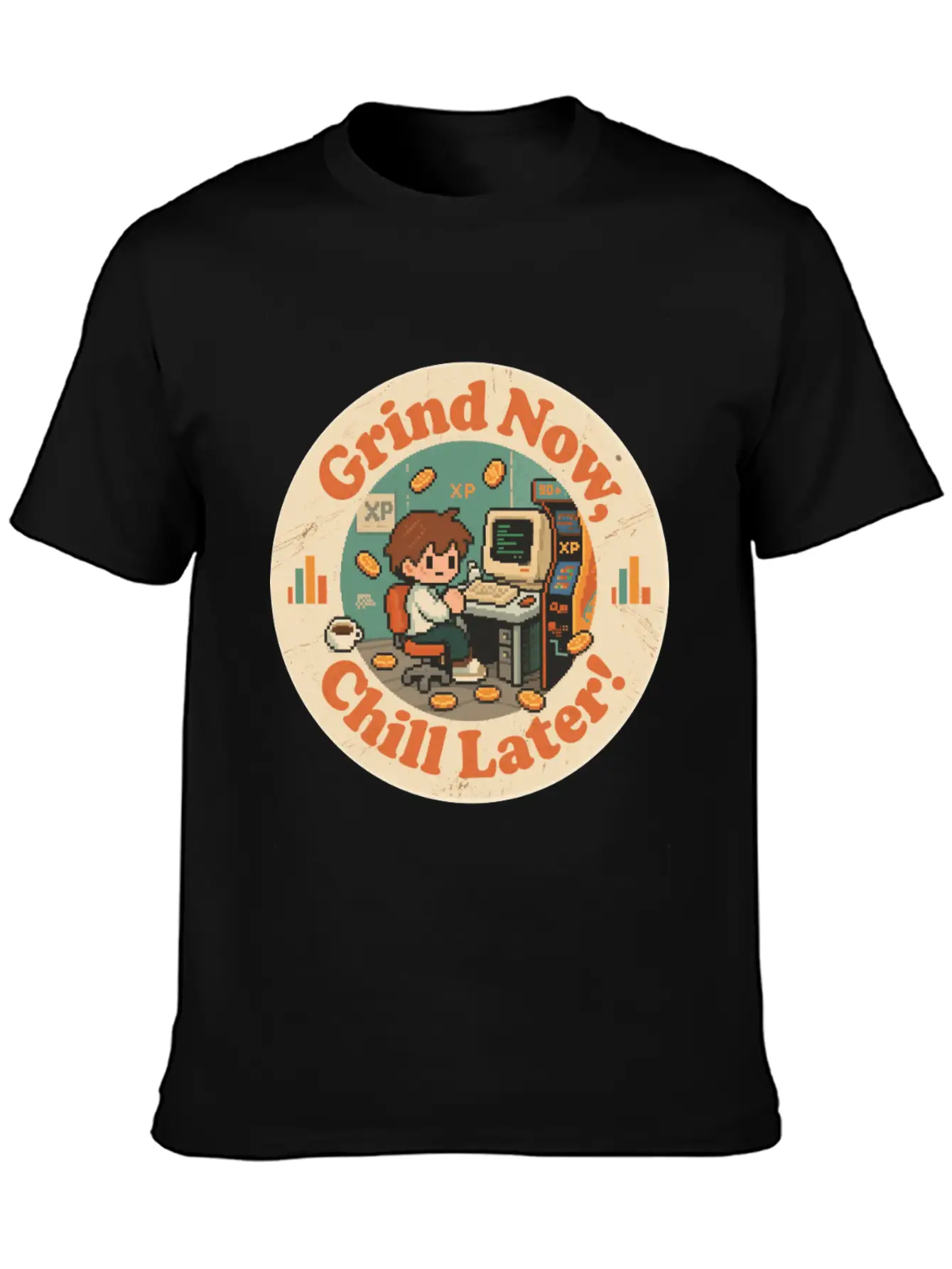 Retro Gaming Desk Character Artwork Work Breathable Graphic T-Shirt – Perfect For Casual Days