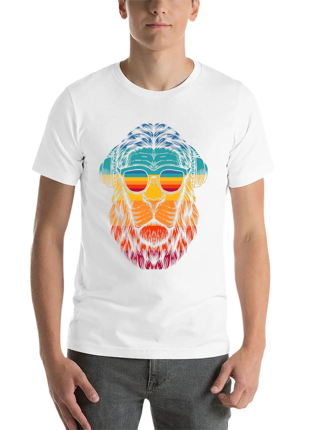Retro Lion Headphones Classic Cotton Tee – Unisex Comfort For Any Season