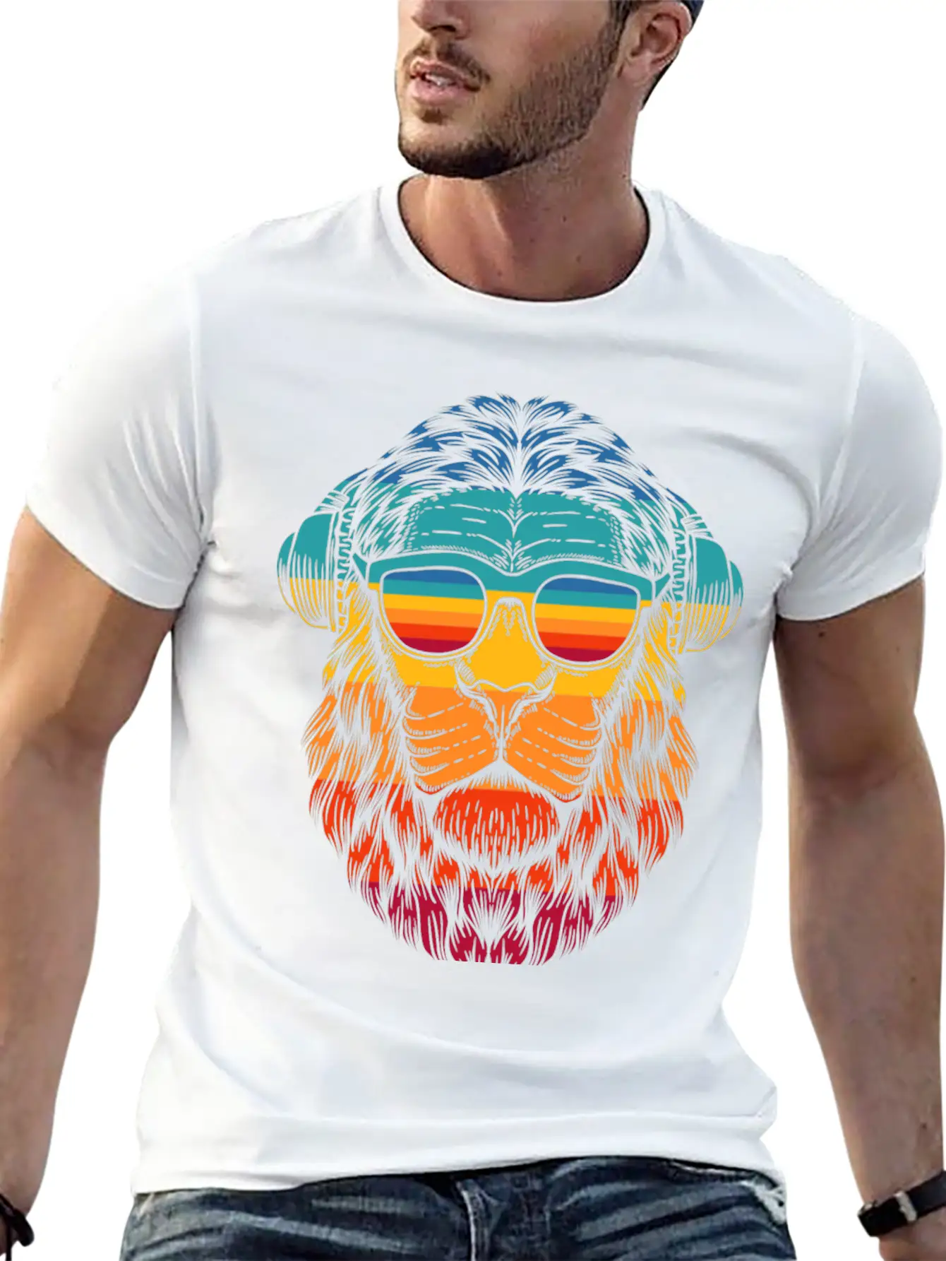 Retro Lion Headphones Classic Cotton Tee – Unisex Comfort For Any Season
