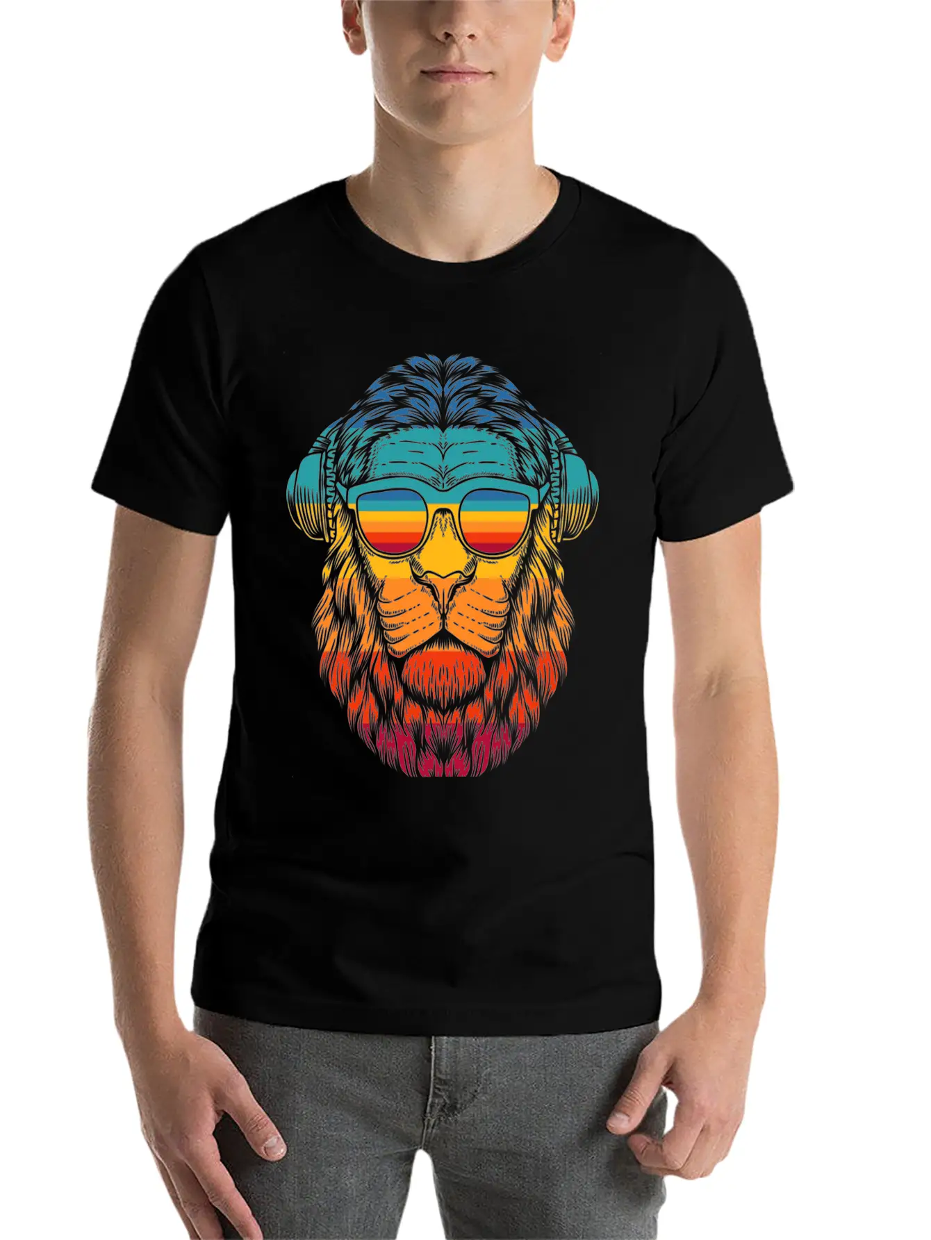 Retro Lion Headphones Classic Cotton Tee – Unisex Comfort For Any Season