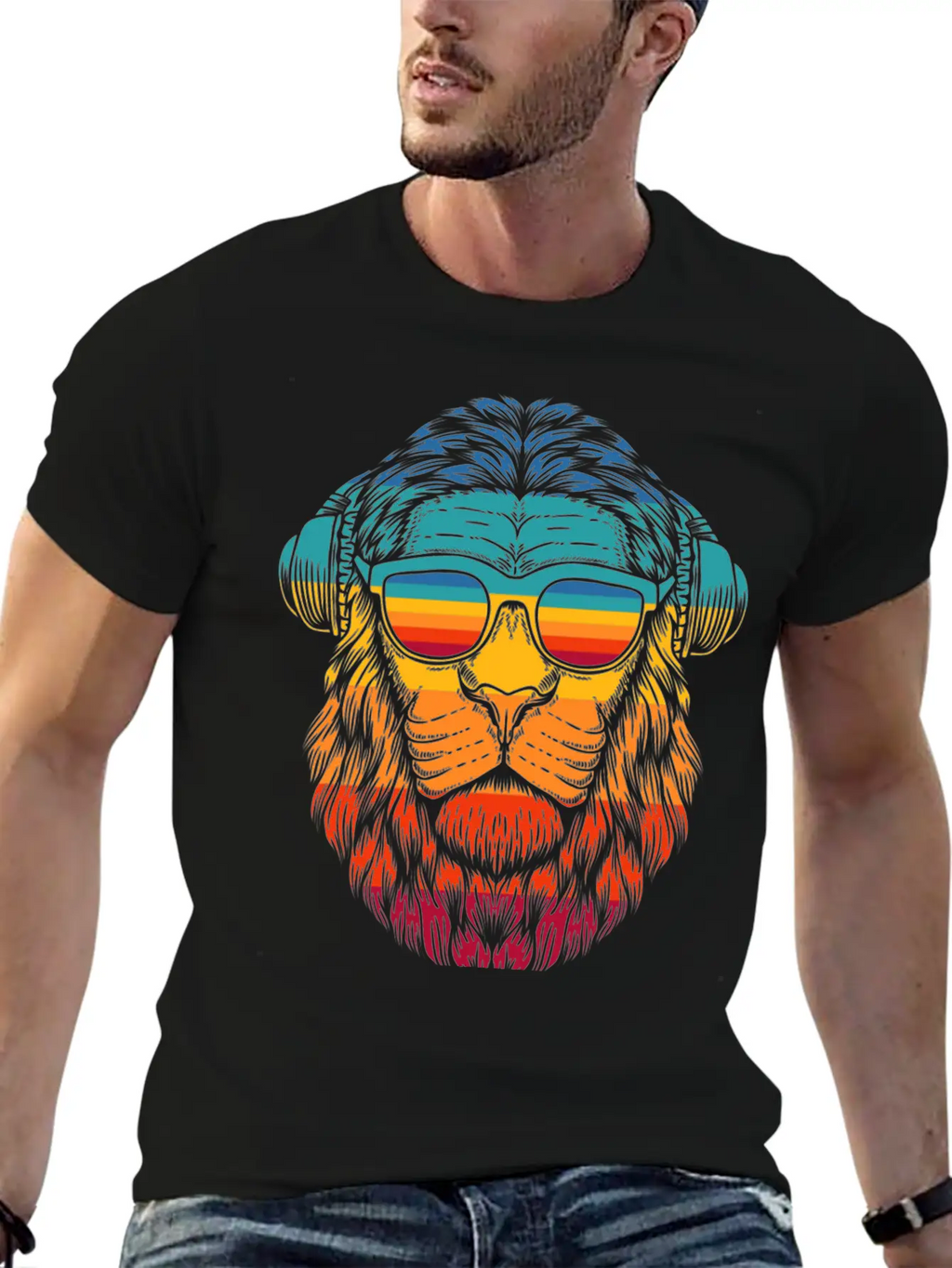Retro Lion Headphones Classic Cotton Tee – Unisex Comfort For Any Season