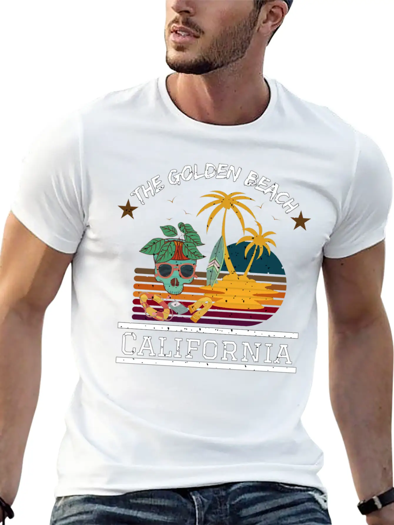 Retro Sunrise Desi, The Golden Beach , California Stylish Everyday T-Shirt – Unisex Basic Cotton Tee