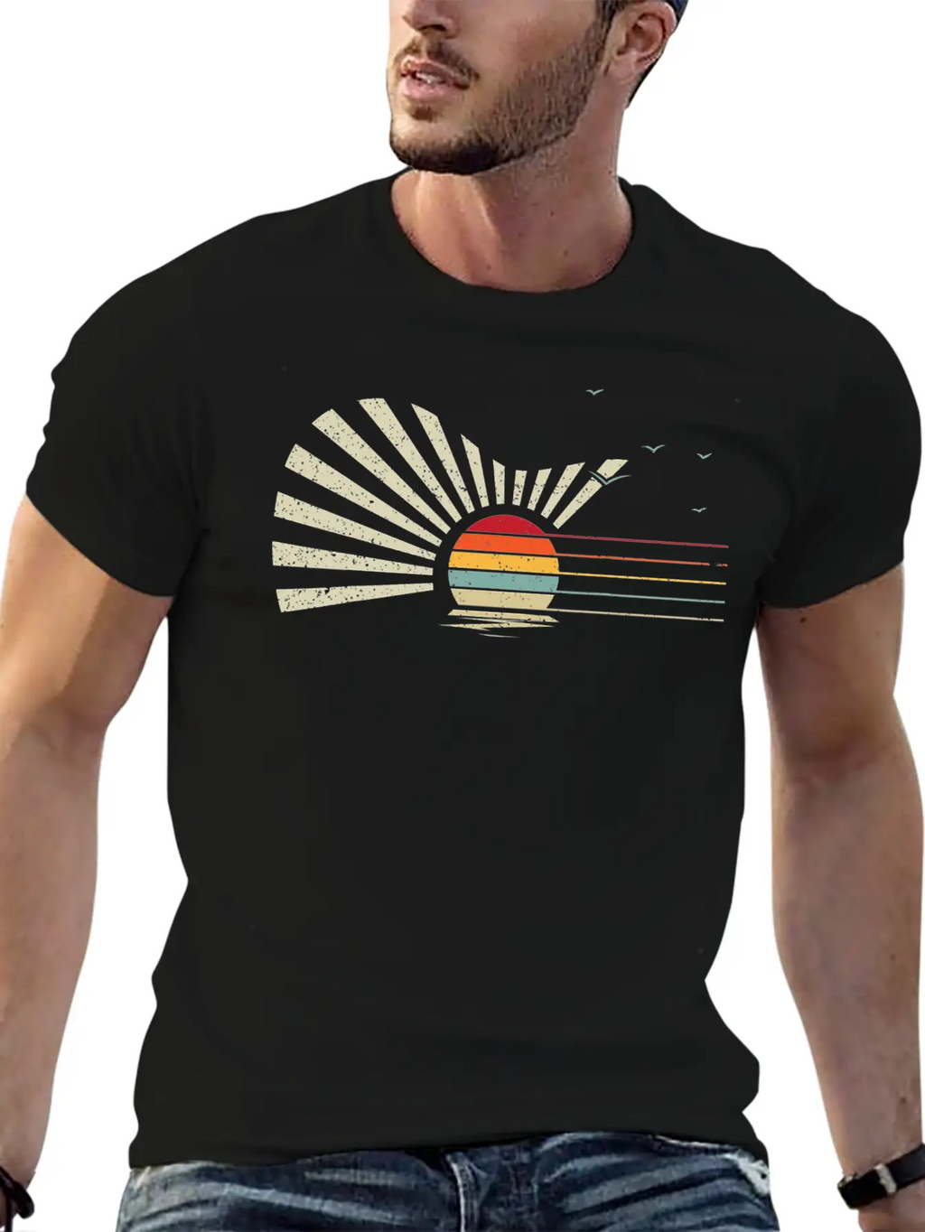 Retro Sunset Acoustic Guitar Nature Birds Sea Breathable Graphic T-Shirt – Perfect For Casual Days