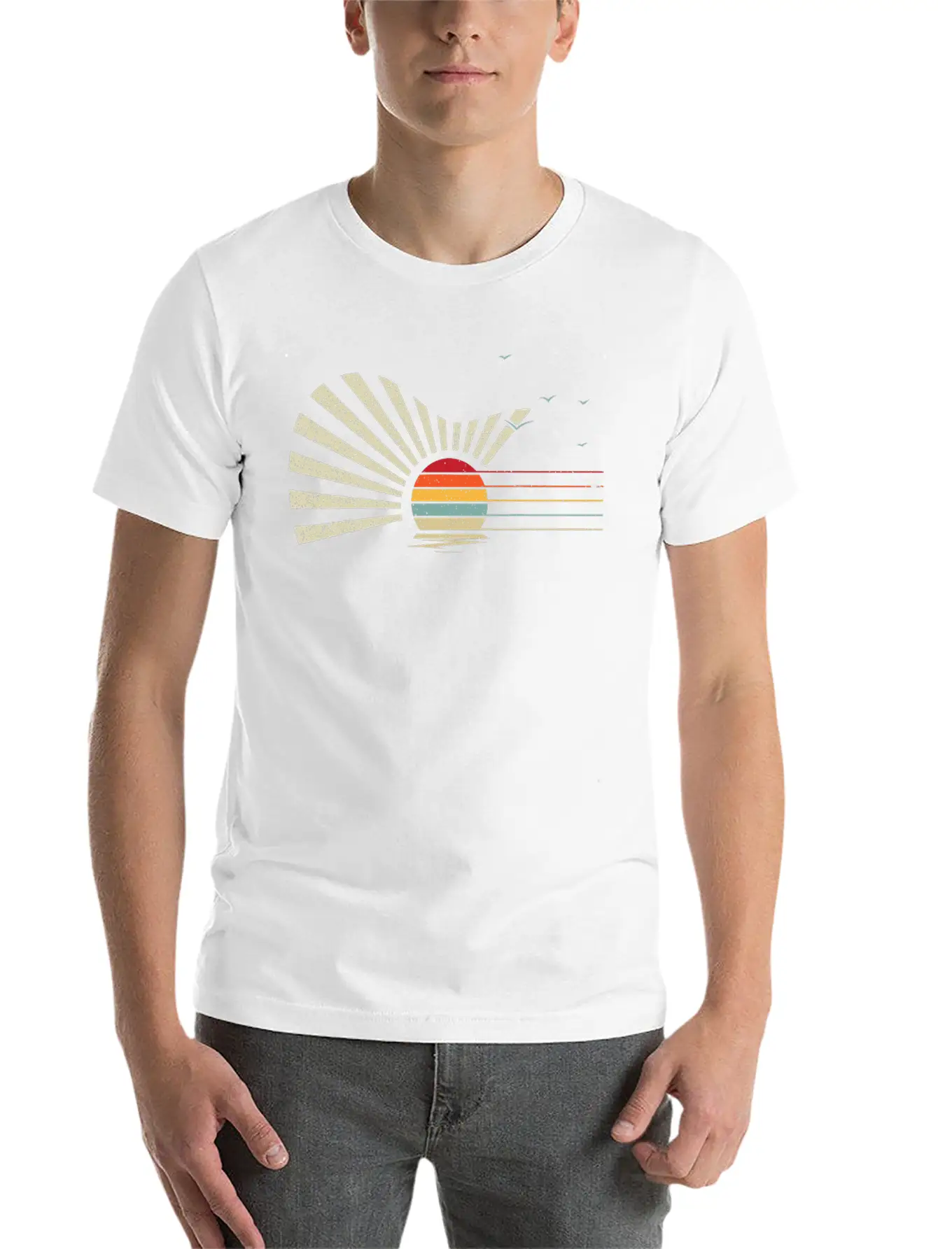 Retro Sunset Acoustic Guitar Nature Birds Sea Breathable Graphic T-Shirt – Perfect For Casual Days