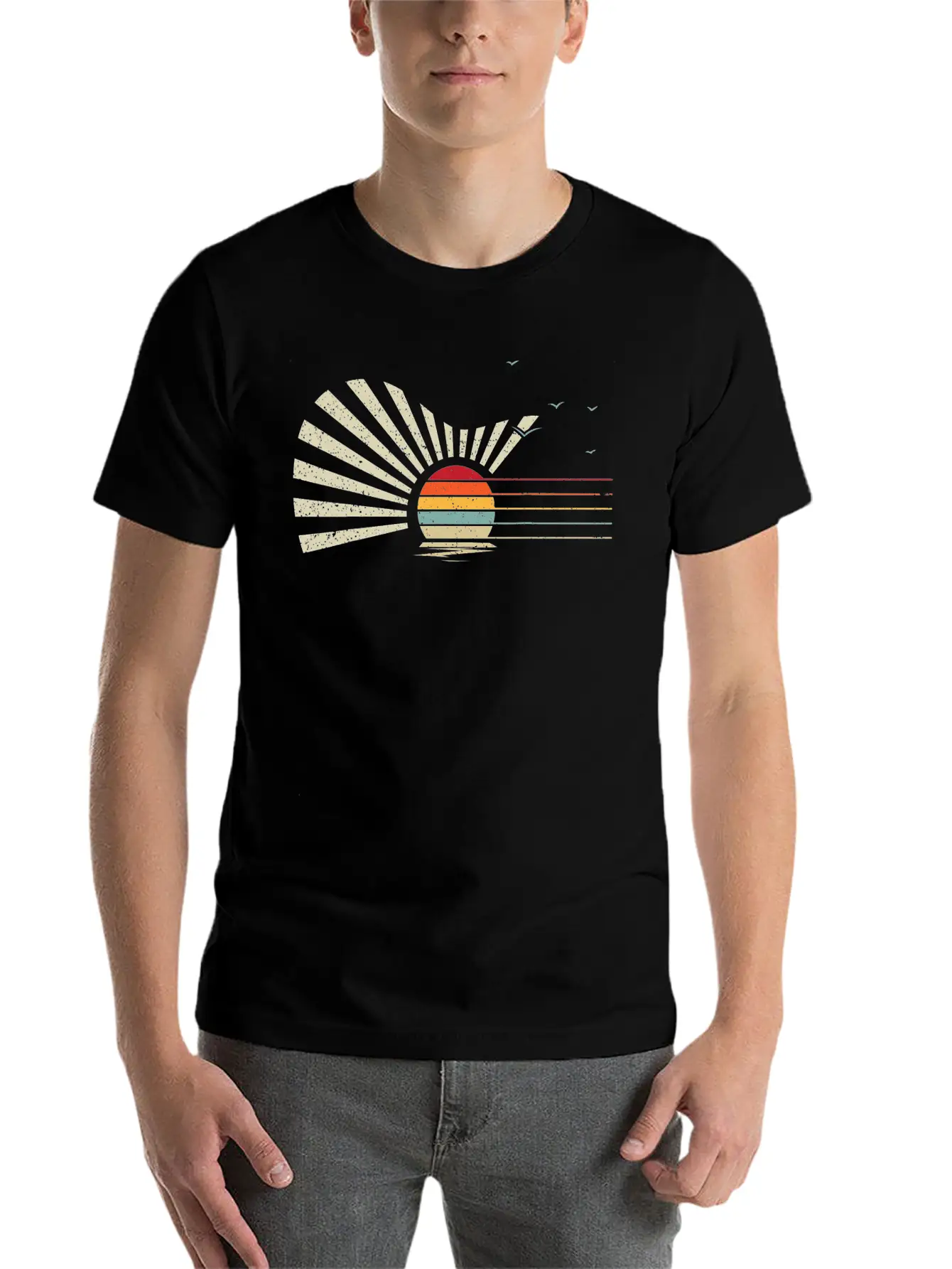 Retro Sunset Acoustic Guitar Nature Birds Sea Breathable Graphic T-Shirt – Perfect For Casual Days